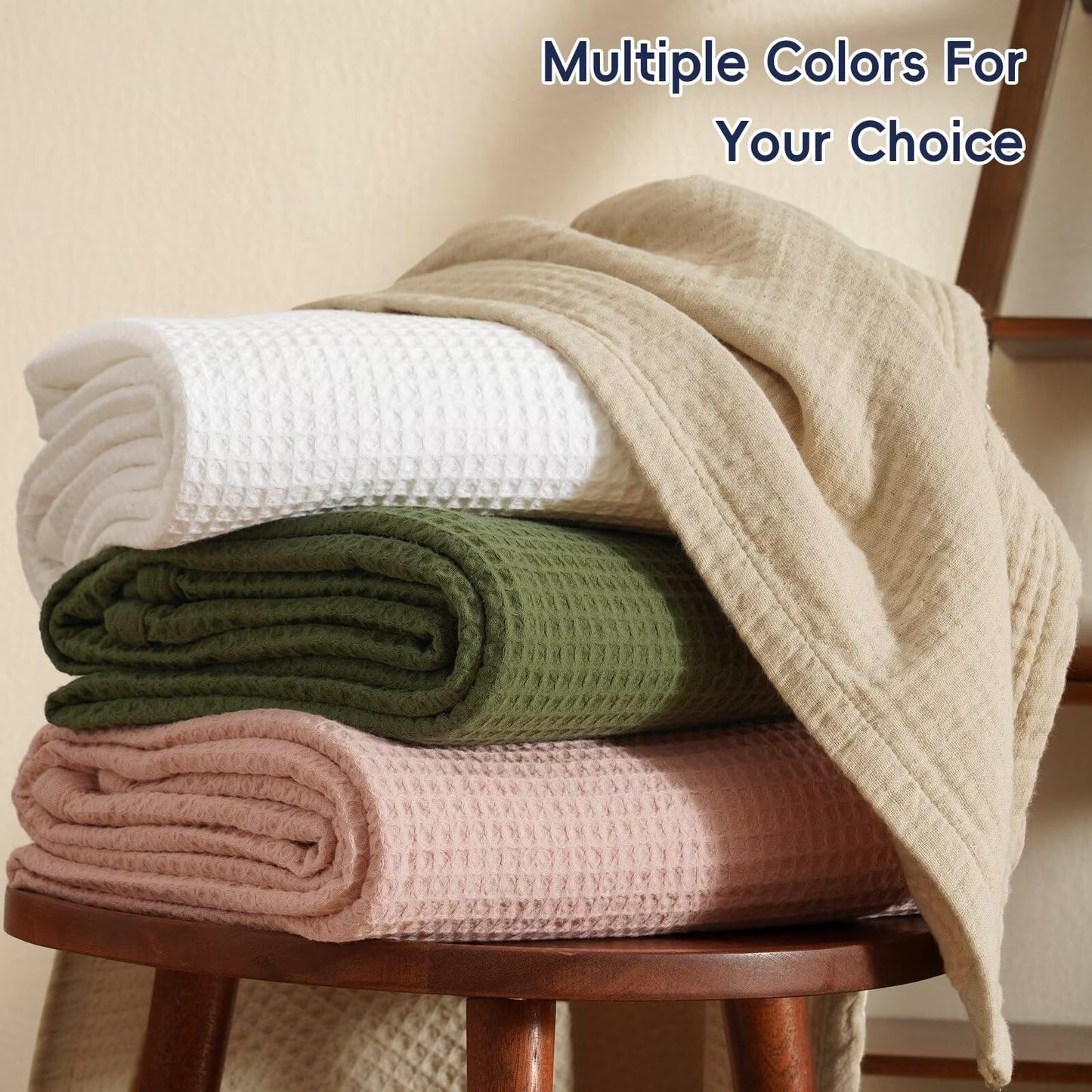 PHF 100% Cotton Waffle Muslin Blanket Queen Size, 90" x 90" Lightweight and Breathable Washed Cotton Blanket, Aesthetic Soft Muslin Waffle Bedding for Sofa Bed Home Decor, Oak