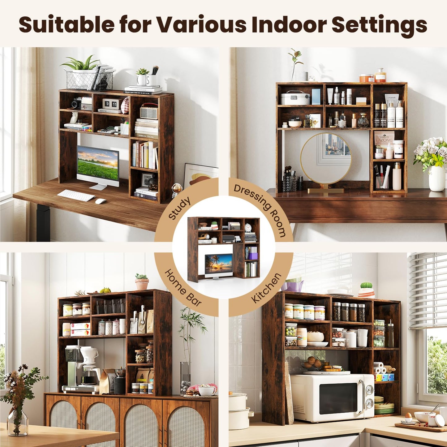 Giantex Desktop Bookshelf, Desk Hutch Dorm w/ 7 Cubes & 3 Adjustable Shelves, Desk Shelf for Up to 27" Computer Monitors, Wooden Desktop Storage Organizer for Dorm College Office Home, Rustic Brown