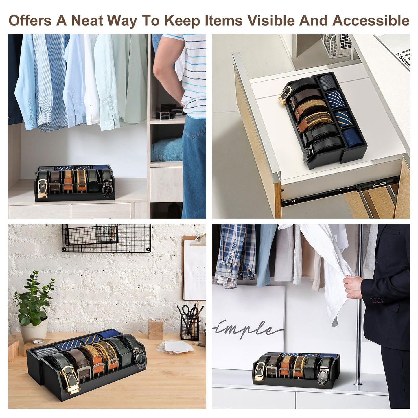 Ikkle Wooden Belt Organizer Box, 10 Compartment Belt & Tie Storage, Closet & Drawer Display Case, Large Holder (Black)