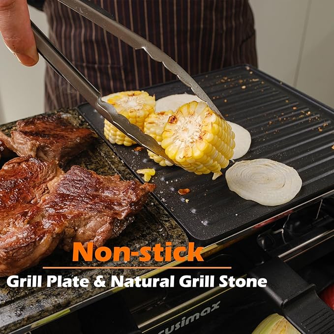 CUSIMAX Raclette Grill, Electric Grill, Portable Indoor Grill with 2 in 1 Reversible Non-stick Plate & Natural Grill Stone, 1500W Korean BBQ Grill, 8 Pans & Wooden Spatulas
