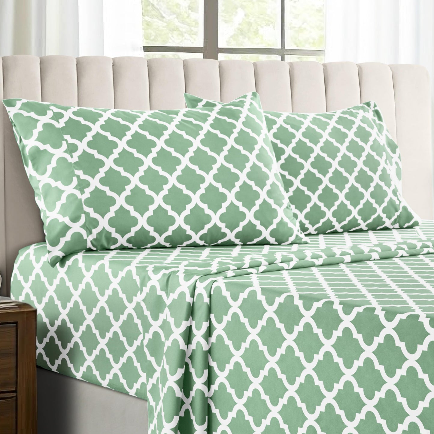 LUX Décor King Size Bed Sheets Set, 4-Pc, Breathable Hotel Style Sheets, Microfiber Sheets Deep Pockets, Easy-Fit, Soft & Wrinkle Free Oeko-Tex Quatrefoil Bed Sheets (King, Sage)