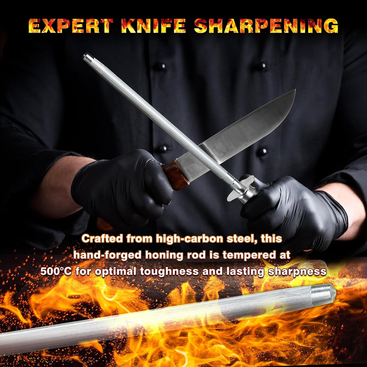 Knife Sharpener Rod, Kitchen Knives Sharpener Carbon Steel Professional Knife Sharpening Steel, Honing Rod with Hanging Holes (13 inches), M