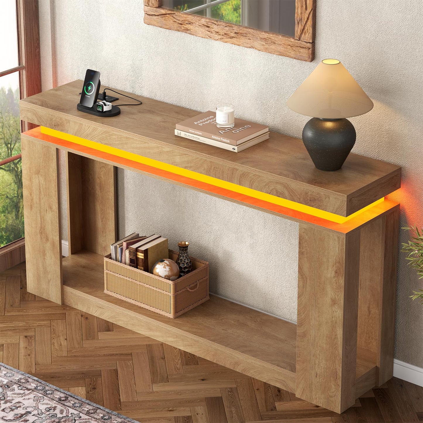 Loomie 63" Long Console Table with LED Lights & Power Outlet, 2-Tier Farmhouse Sofa Table Behind Couch with Storage, Narrow Entryway Tables with Heavy Duty Base for Living Room, Hallway (Natural)