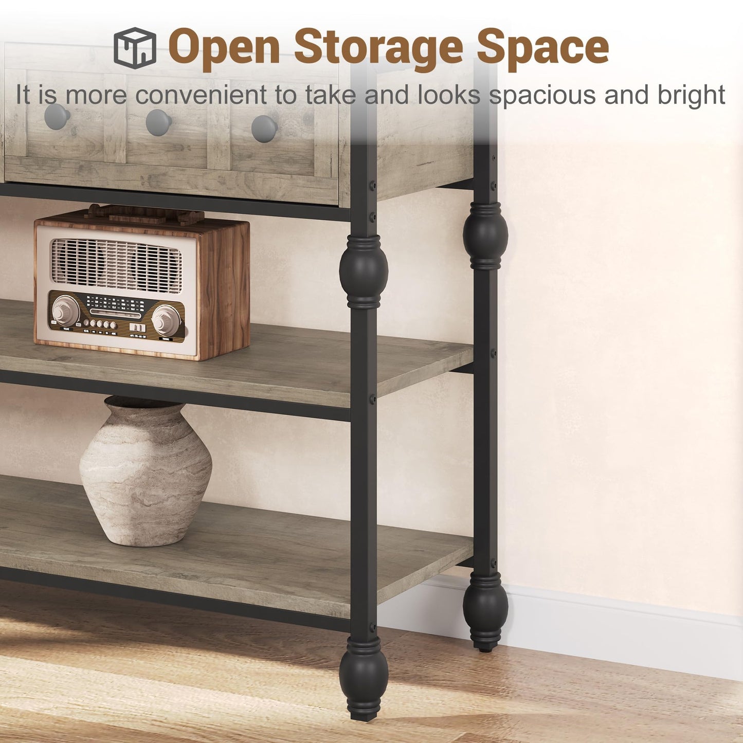 Garvee Console Sofa Table 53", Entryway Table with 3 Drawers, 3 Tier Metal Sofa Table, Open Shelf Behind Couch Table for Hallway, Living Room, Roman Column Design, Grey