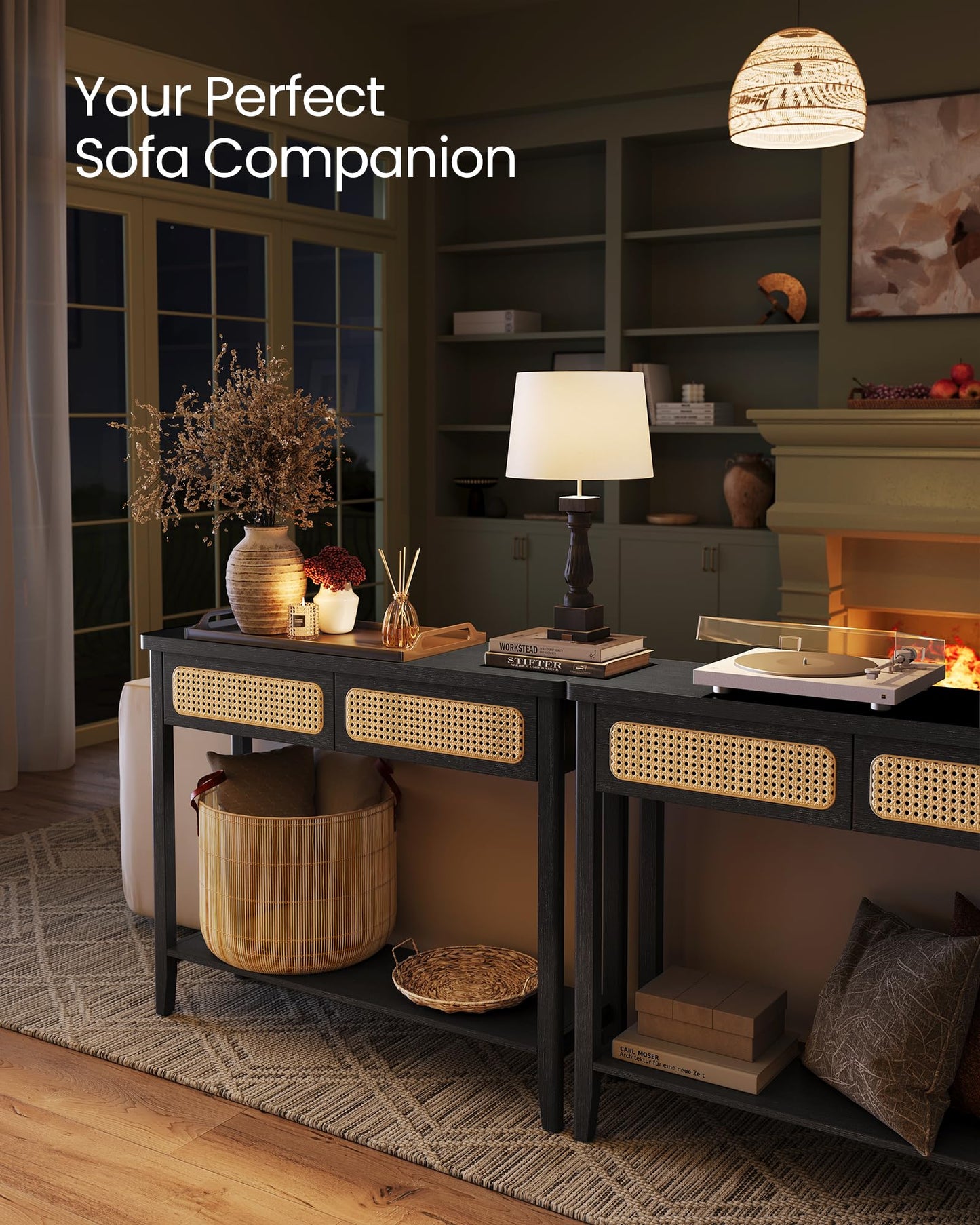 VASAGLE Console Table, Sofa Table, Narrow Entryway Table with 2 Drawers, Open Storage Shelf, Rounded Corners, for Living Room, Boho Style, Ash Black ULNT016B21