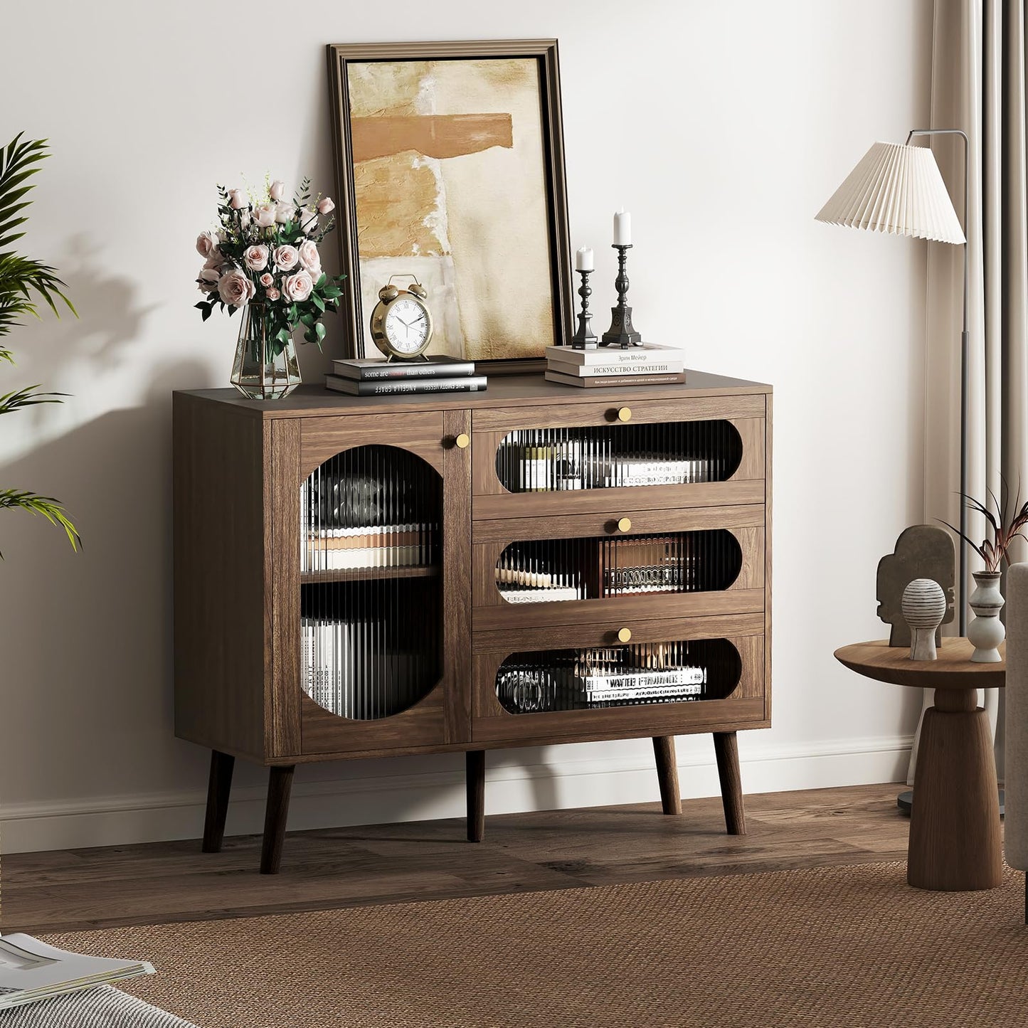 Ludatido Buffet Cabinet with Storage, Sideboard Cabinet with 3 Drawers and Adjustable Shelves, Modern Credenza with Fluted Glass Door for Living Room/Kitchen/Dining Room/Entryway, Walnut