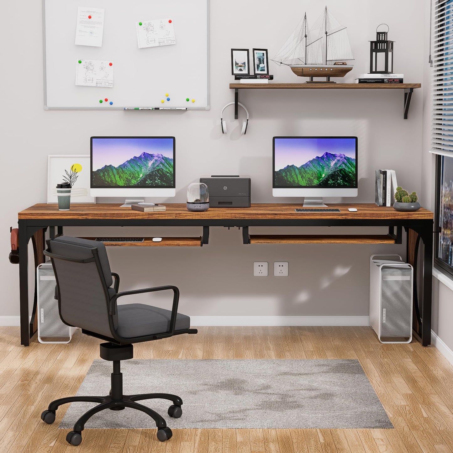 FUXJUM 78.7 Inch Extra Long Home Office Desk Game Computer Desks for 2 Persons Double Keyboard Trays Workstation with Hooks Writing Study Table Rustic Brown MDF and Metal Frame