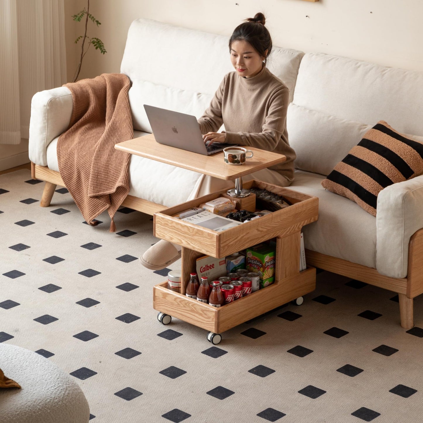 Vadisun 100% Solid Wood Lift Top Coffee Table, Small Bedside Table with Rolling Wheels, Adjustable Side Table for Dining Room, Recliner and Small Places(Natural, Fully Assembled Furniture)