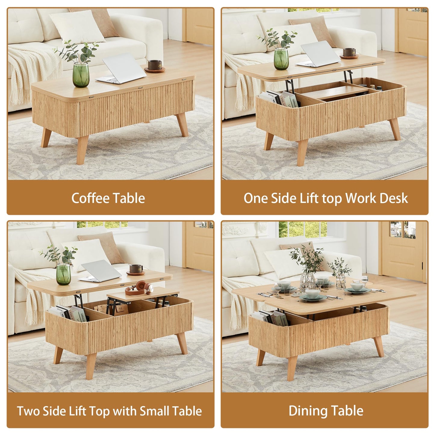 3 in 1 Lift Top Coffee Table, Fluted Convertible Coffee Tables Converts to Dining Tables, Modern Oval Wooden Center Table with Storage for Living Room Office Small Space, Partial Assembly (Natural)