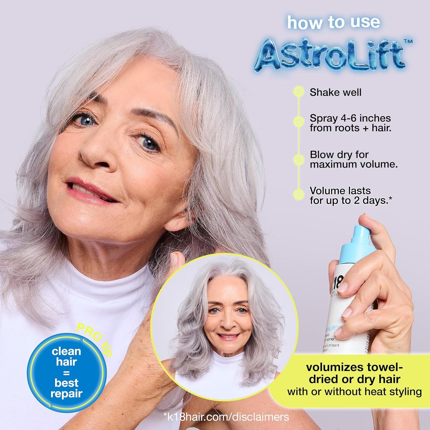 K18 AstroLift™ Reparative Volume Spray, 2-Day Hair Thickening + Hold For Thin, Fine, Fragile Hair, Non-Sticky, Non-Crunchy, Humidity-Resistant Volumizing Spray, 4 Fl Oz