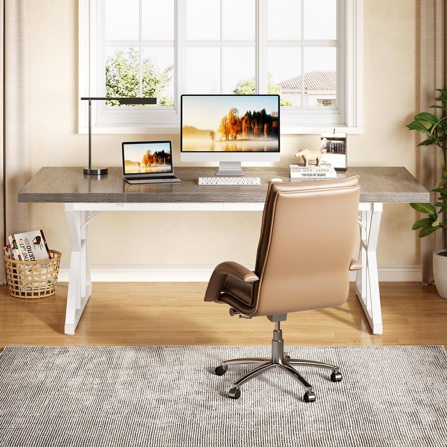 LITTLE TREE 70.8-Inch Large Executive Desk, Modern Computer Office Desk, Wooden Writing Desk Study Table for Home Office, Grey-White