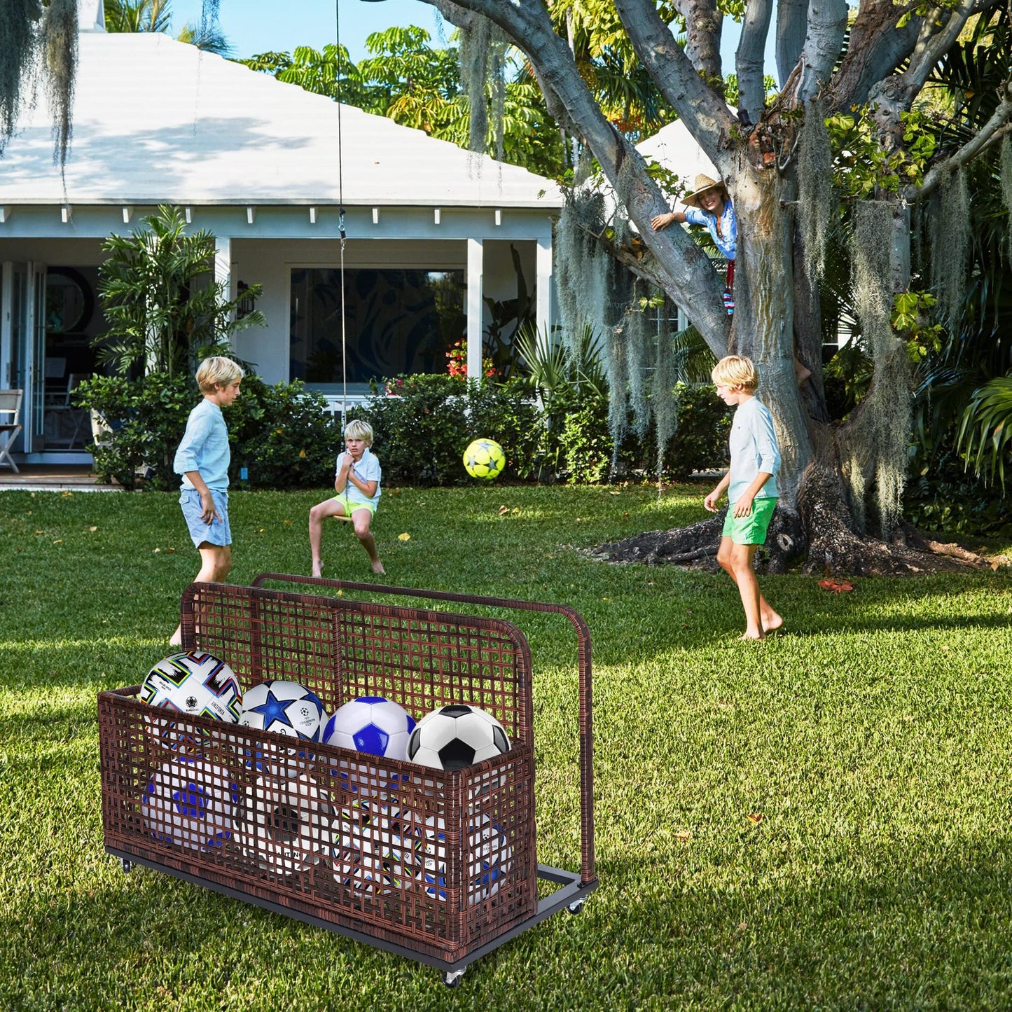 GarveeLife Poolside Float Storage, Outdoor Storage, PE Rattan Outdoor Pool Caddy With Rolling Wheels, Patio Deck Boxes, Storage Box, Pool, Beach-Sturdy,Brown