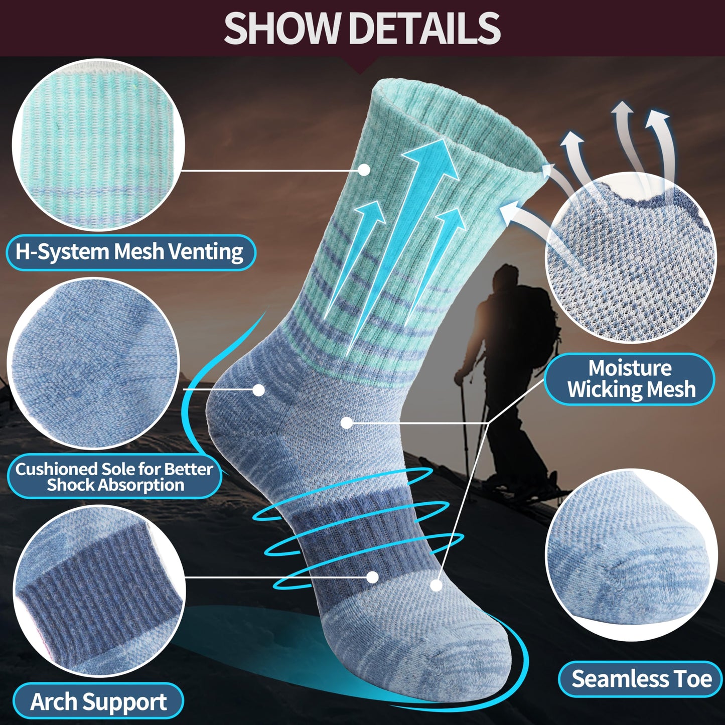 Anlisim Merino Wool Hiking Socks for Women Thermal Winter Warm Thick Work Cushion Gifts Socks 5 Pairs Stocking Stuffers(Tie-dye,M)
