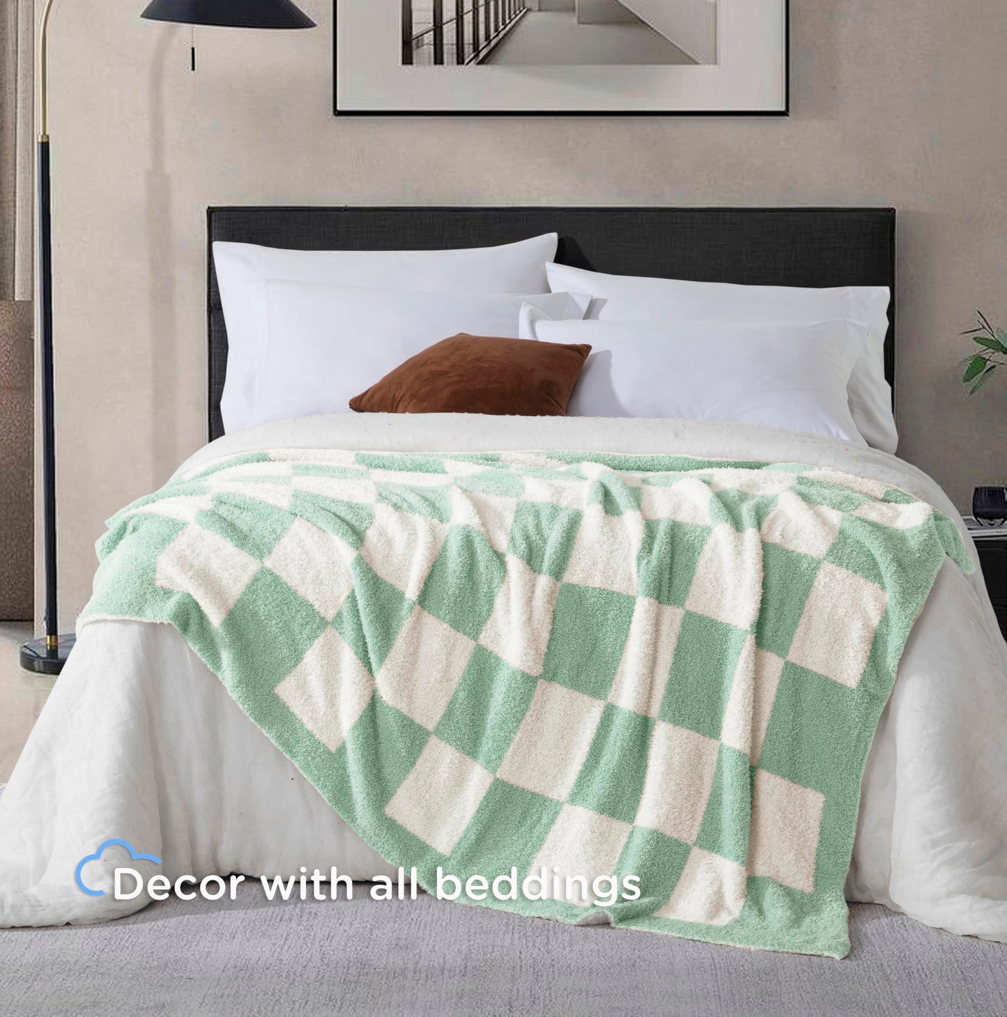 CLOUDS HUG Oversized King Checkered Blanket for Couch - Super Soft Extra Large Throw Blankets for Bed， Fluffy Fuzzy Plush Lightweight Cozy Blanket，120" x 120",Sage Green