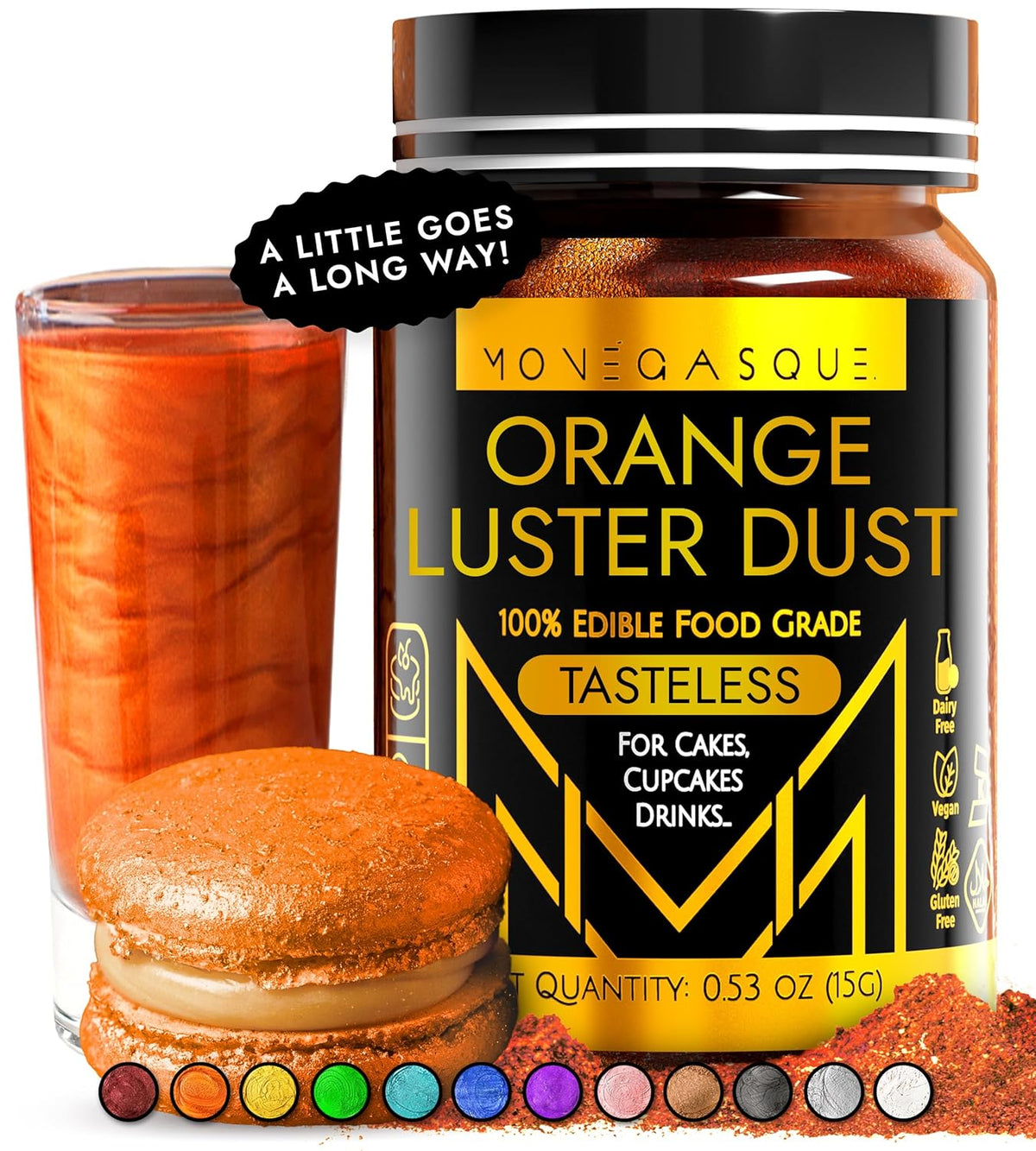 MONÉGASQUE Orange Edible Glitter for Drinks 15g – Edible Glitter for Cakes & Cocktails – Halloween Cake Decorations Sprinkles & Cupcake Luster Dust – Cocktail Drink Shimmer Powder & Orange Chocolate