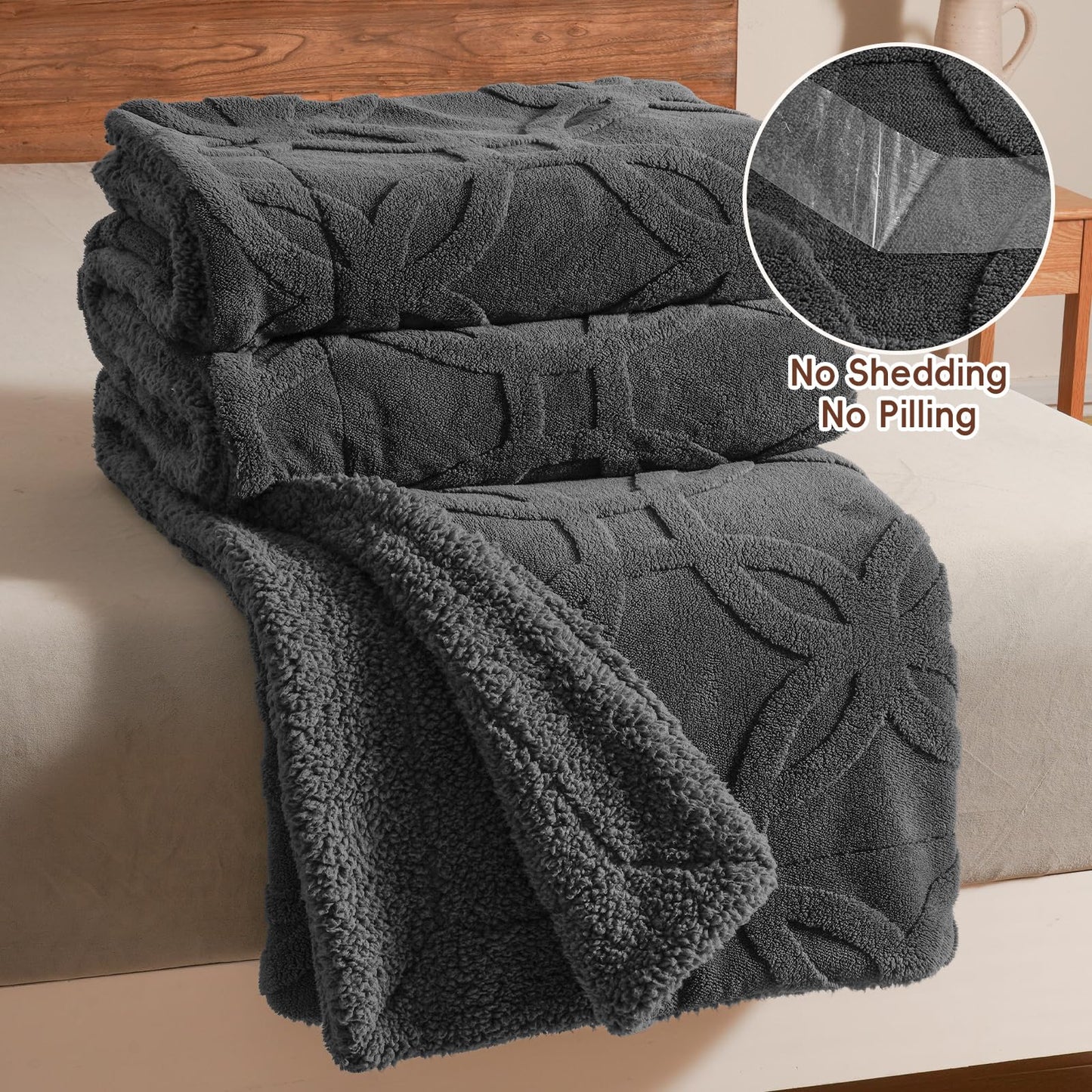 PHF Soft Sherpa Fleece Blanket King Size for Bed, 510GSM Fleece Lightweight Yet Warm Blanket, No Shed No Pilling, 108" x 90", Tufted Jacquard Cozy Thick Bed Throw for Home Decor, Dark Grey