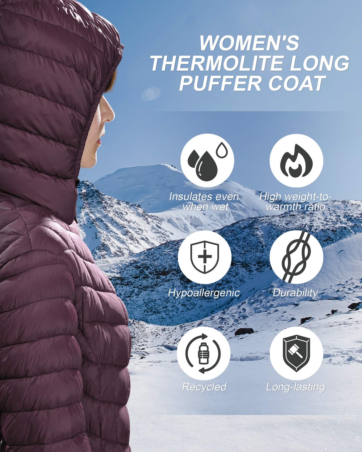 Outdoor Ventures Women's Maryan Hooded Ultra Lightweight Warm Thermolite Long Puffer Coat