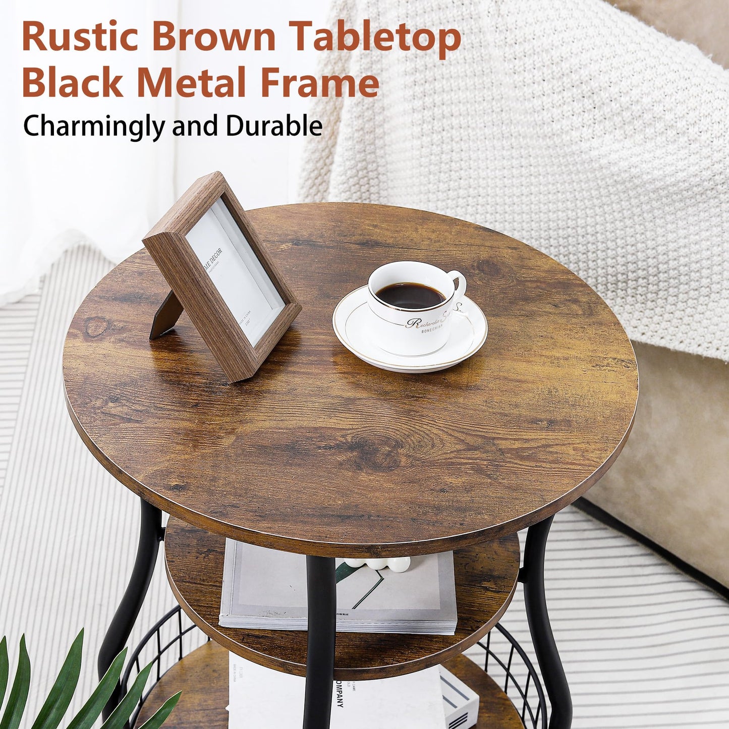 Anlanbor Side Table, 3 Tier Small Round End Table with Storage Shelves for Living Room, Bedroom, Accent Coffee Sofa Couch Table for Small Spaces,Round Nightstand with Metal Frame, Rustic Brown