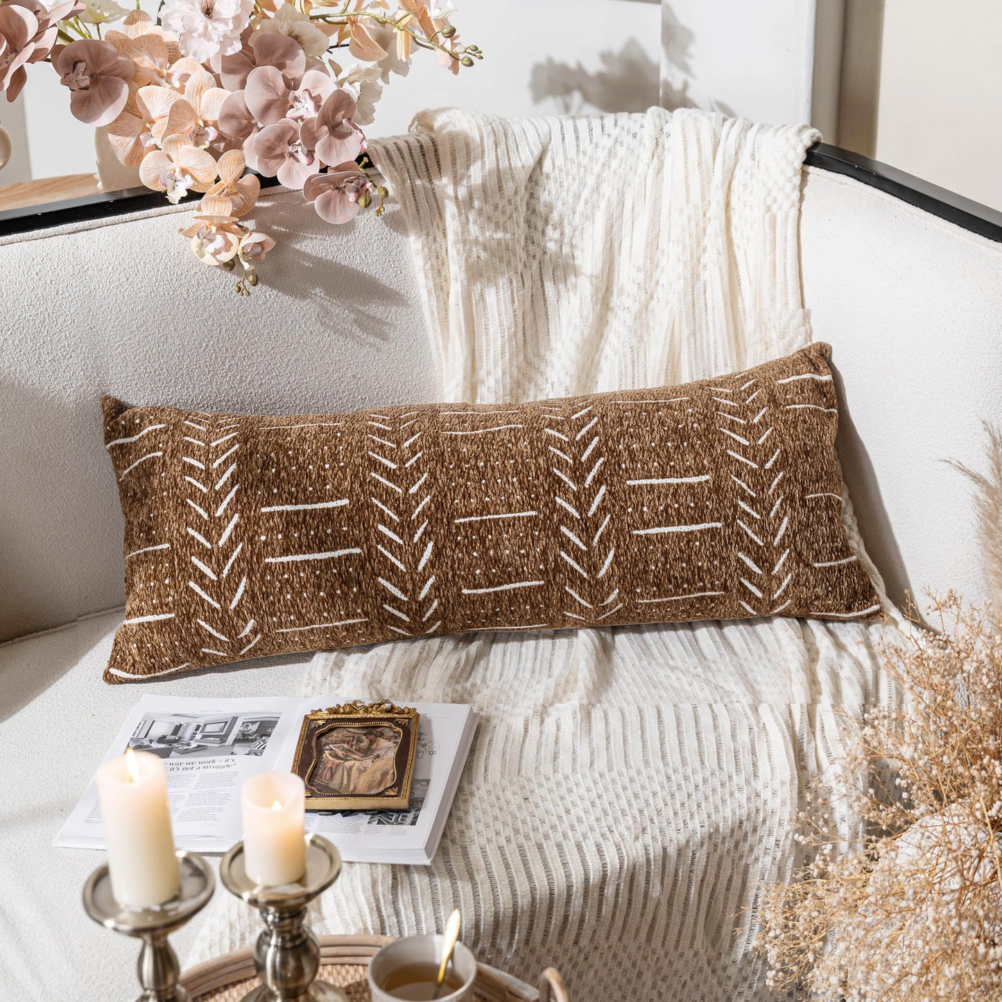 BlissBlush Brown Boho Lumbar Throw Pillow Cover 14X36, Decorative Long Accent Body Lumbar Pillow for Bed, Farmhouse Woven Textured Lumbar Pillowcase for Couch (Cover ONLY)