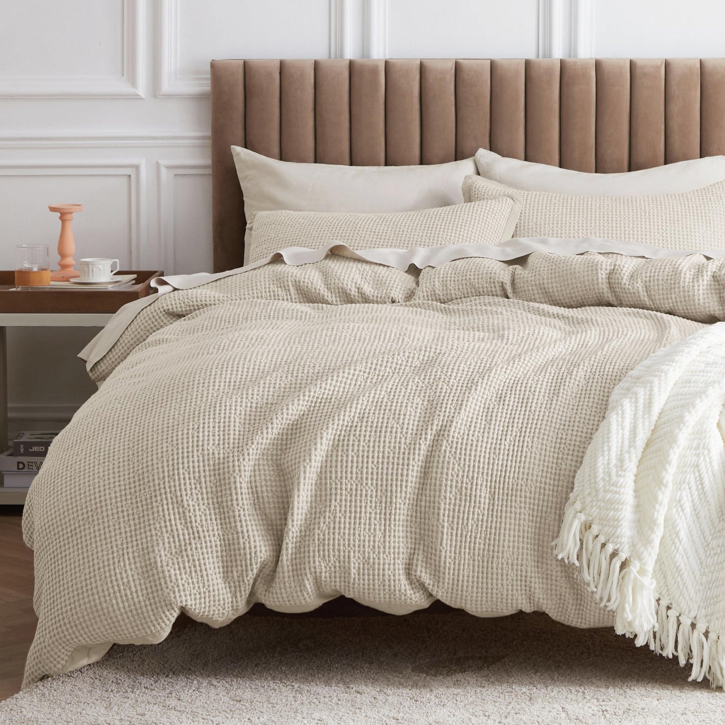 Bedsure Cotton Duvet Cover Queen Size - 100% Cotton Waffle Weave Beige Duvet Cover Queen Size, GentleSoft™ and Breathable Bedding Set for All Season, 3 Pieces, 90"x90"