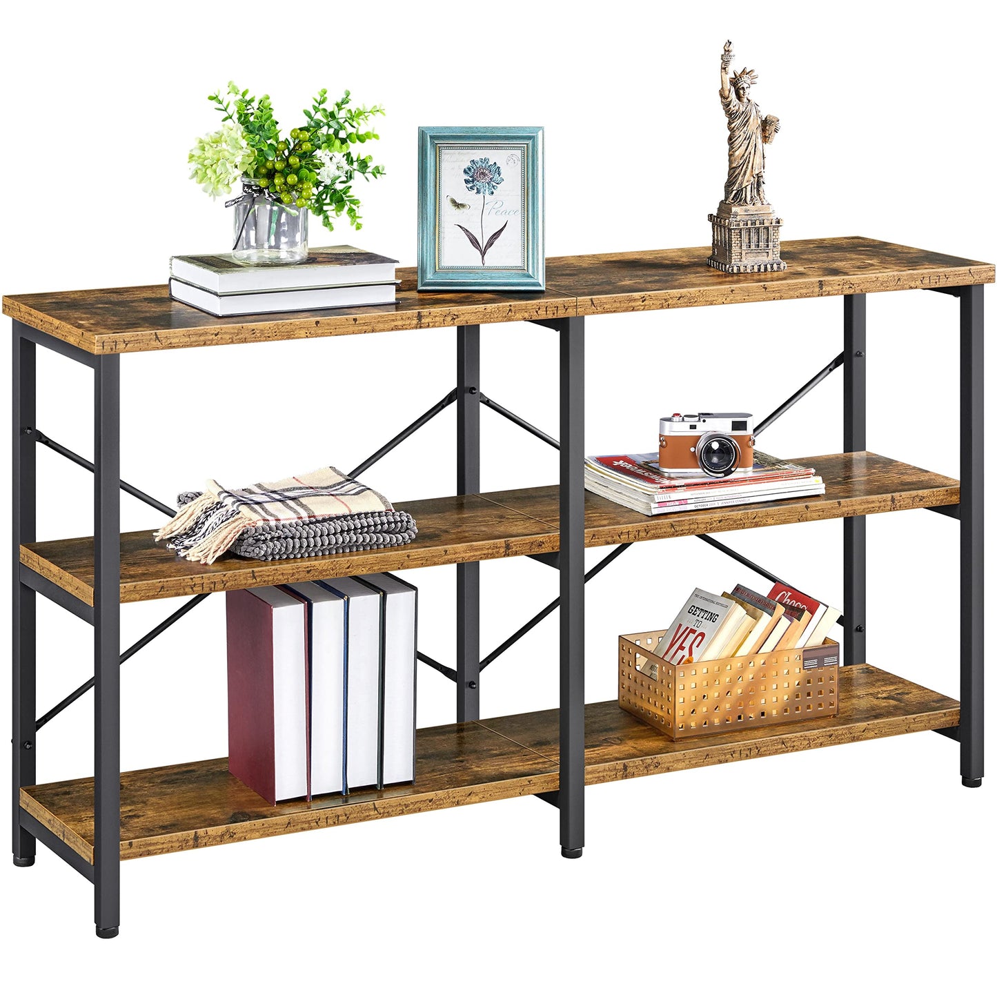Yaheetech 55 Inch Console Table, Industrial Entryway Table with 3-Tier Storage Shelves, Sofa Tables Narrow Long for Living Room, Entryway, Hallway, Foyer, Metal Frame, Rustic Brown