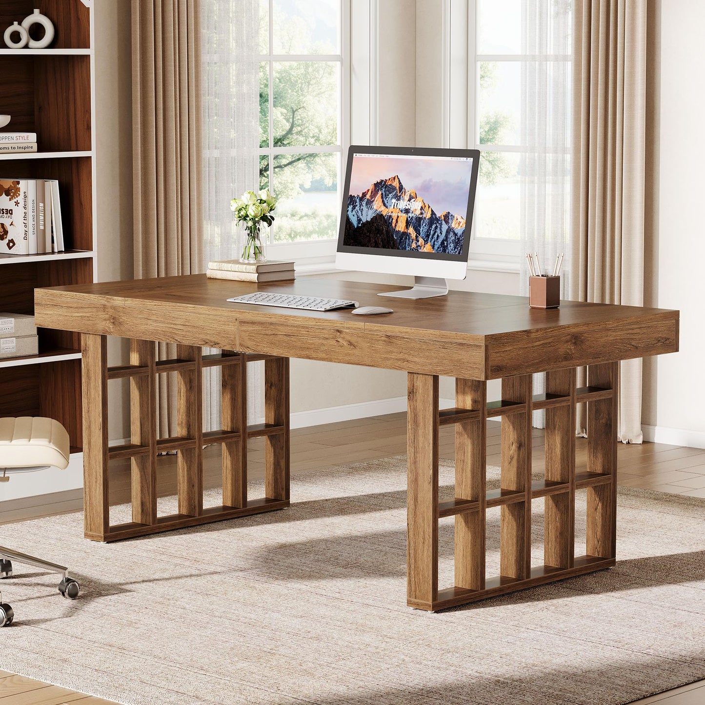 Tribesigns 62.9-Inch Computer Desk, Large Office Executive Desk with Double Pedestal, Simple Wooden Writing Study Table for Home Office