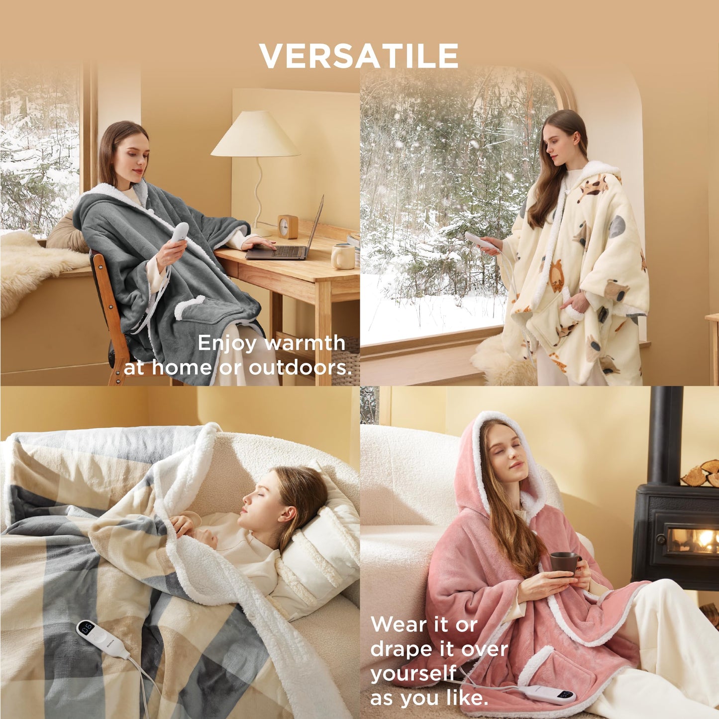 Bedsure Heated Blanket Wearable Shawl - Electric Wrap Poncho Blanket Hoodie for Adult, Birthday Gifts for Mom Women, Sherpa Heating Throw with 4 Time Settings & 6 Heat Settings, 50x64 inches, Grey