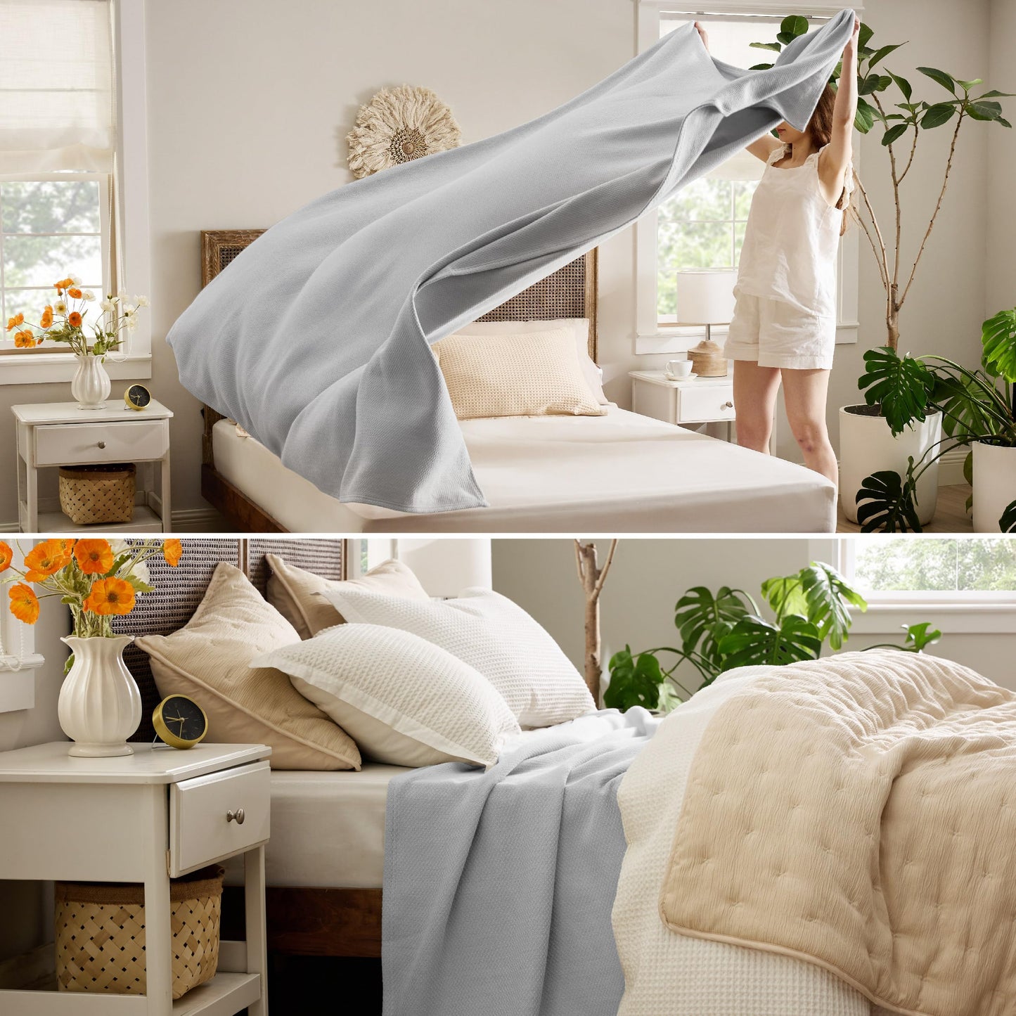 Bedsure 100% Cotton Blanket King Size for Bed - Breathable and Lightweight, Soft Cozy Textured Herringbone Woven Blanket for Summer, Grey, 108x90 inches