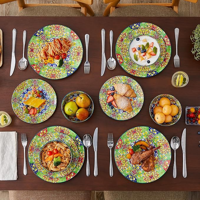 vancasso 12 Pieces Dinnerware Sets, Green Plates and Bowls Set, Porcelain Dishes Set for 4, Microwave and Dishwasher Safe, Scratch Resistant, Bohemian Style Dining Ware Service for 4, Series SIMI