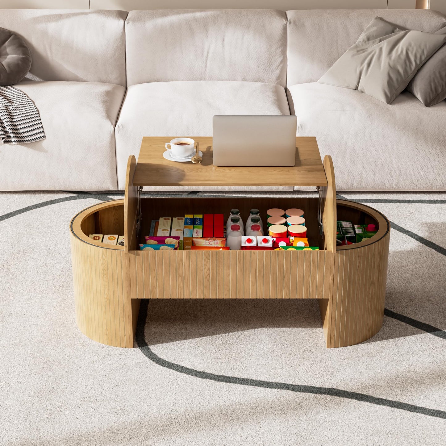 Lift Top Coffee Table with Hidden Storage Compartment, Oval Wooden Coffee Table with Lift Tabletop for Living Room, Modern Rustic Center Table for Home Office, 47 Inch (Wood)