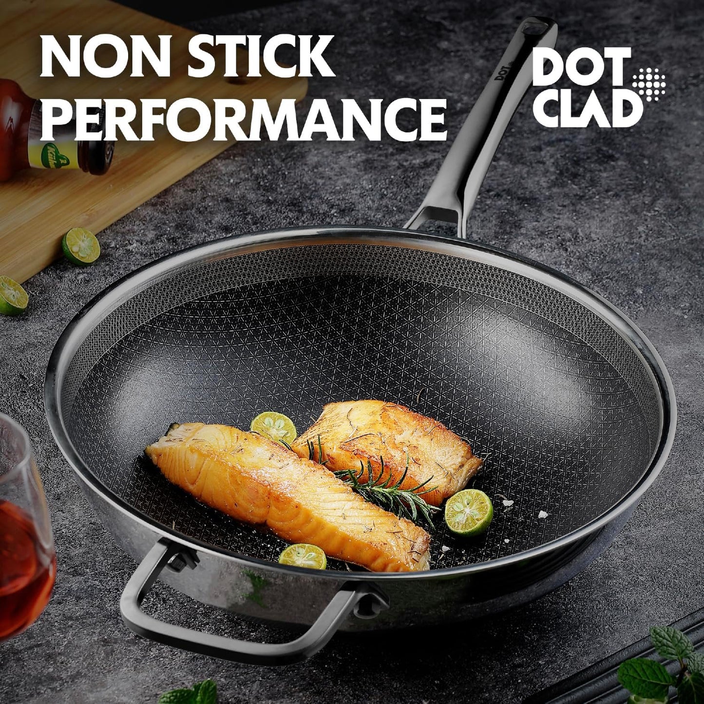 Wok pan,Hybrid 13 inch Wok with Lid, PFOA Free Cookware,non stick Stainless Steel Woks & Stir-fry pans Nonstick, Dishwasher and Oven Safe, Works on Induction