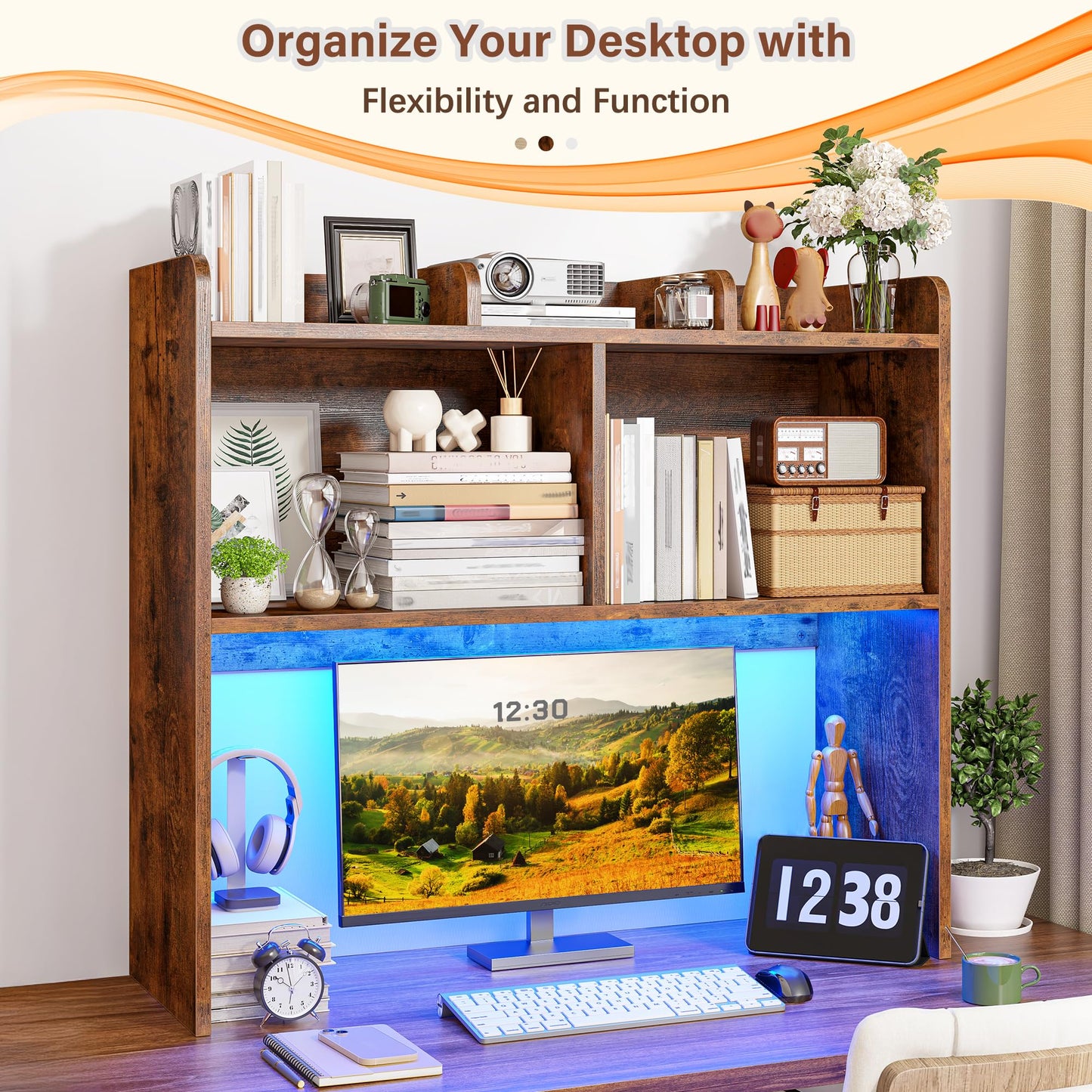 REIBII Desk Hutch Dorm for Computer Monitor Up to 27", Dorm Desk Hutch Top Only with RGB Light Strip, Wooden Desktop Bookshelf with 6 Shelves, 3-Tier Desktop Shelf for Home Office Dorm, Rustic Brown