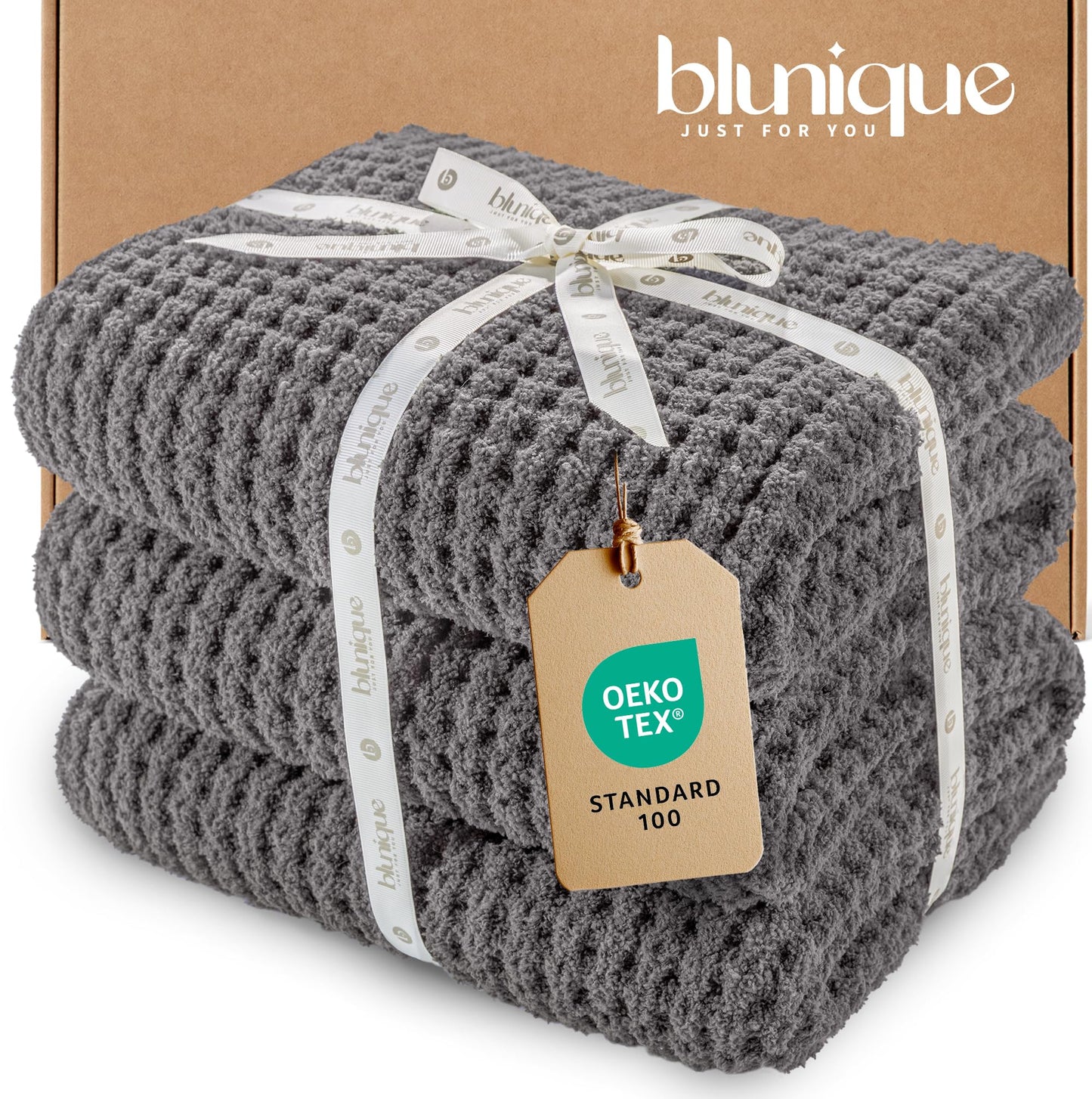 blunique Waffle Knit Throw Blanket, Luxury Cozy Chunky Knit Throw Blanket for Couch, 50 x 60 Thick Ultra-Soft Feather Yarn Knitted Blanket for Sofa, Bed, Home Decor - Grey