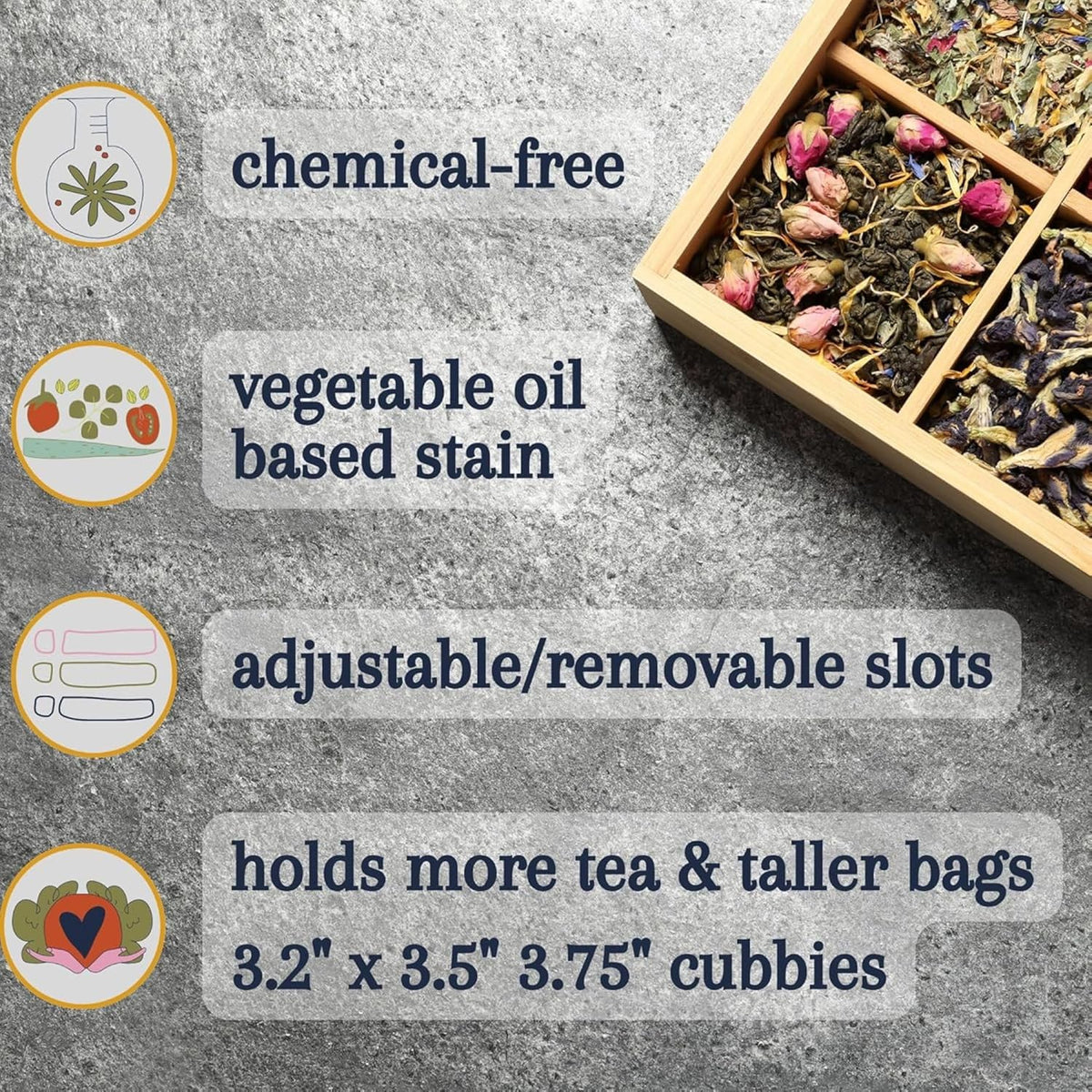 Bamboo Tea Organizer Box Chemical Free Eco-Friendly Big, Tall, Adjustable Cubbies Natural Wooden Storage Chest (8-Slot 14.3" x 8.1" x 4.2" Blank)