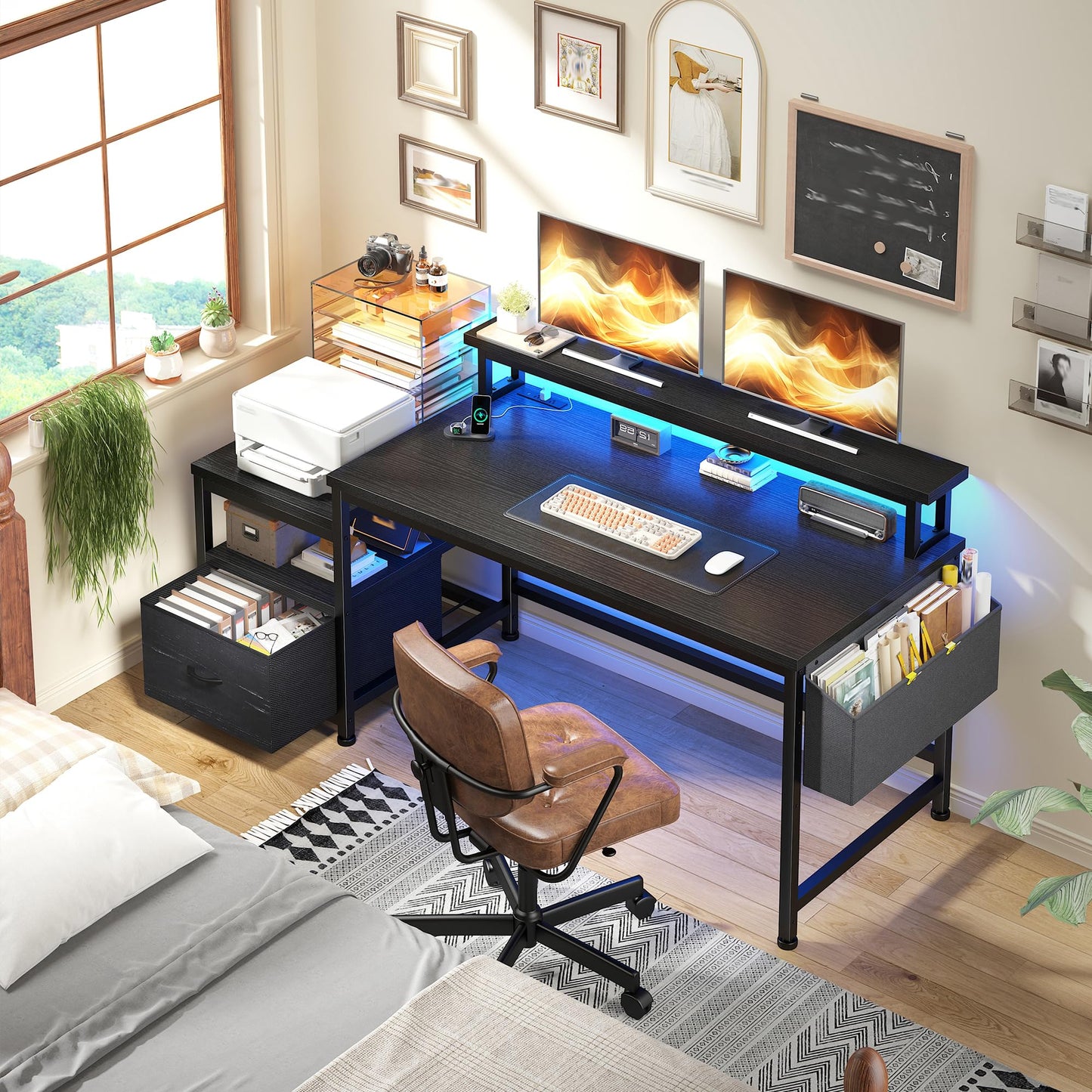 DurayLoly Computer Desk with Power Outlets and LED Lights,57" Home Office Desks with Drawers and Printer Space,Office Desk with File Drawers Cabinet,Gaming Table with Shelves Monitor Stand,Black