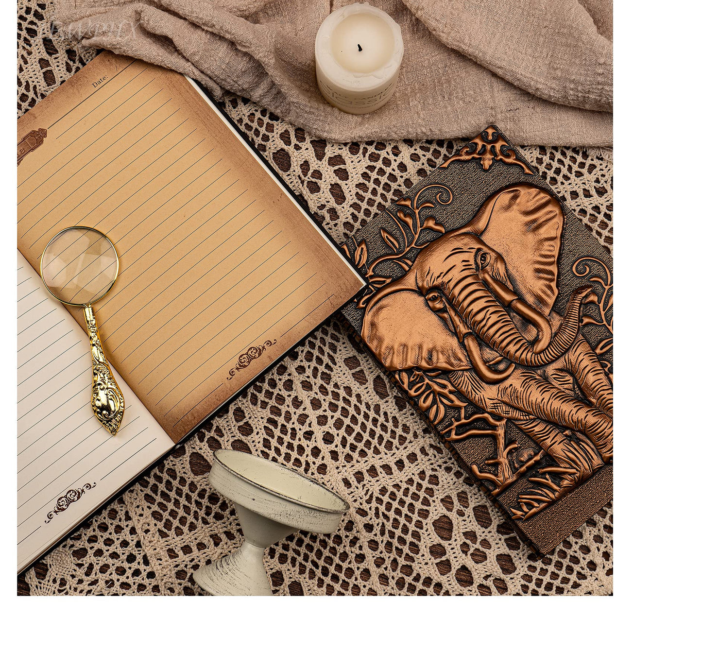 JEWPHX 3D Elephant Vintage Leather Journal Writing Notebook with Pen Set,Antique Handmade Leather Daily Notepad Sketchbook,Travel Diary&Notebooks to Write in,Elephant Journal Gift for Men Women