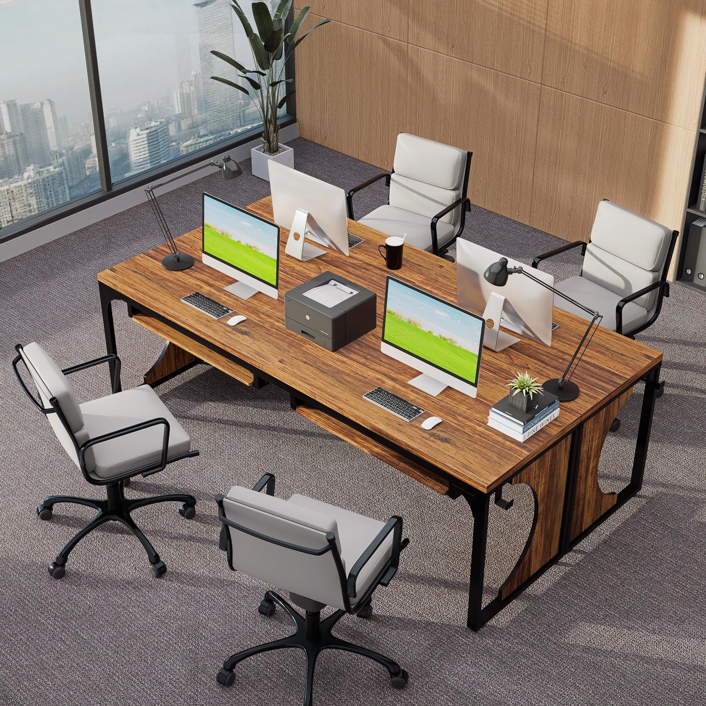 FUXJUM 78.7 Inch Extra Long Home Office Desk Game Computer Desks for 2 Persons Double Keyboard Trays Workstation with Hooks Writing Study Table Rustic Brown MDF and Metal Frame