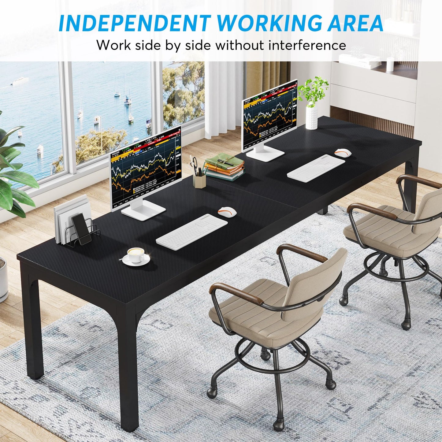 LITTLE TREE 78.7 Inches Extra Long Two Person Office Desk,Double Workstation for Home Office,Black