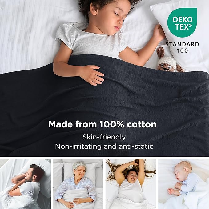Bedsure 100% Cotton Blanket King Size for Bed - Breathable and Lightweight, Soft Cozy Textured Herringbone Woven Blanket for Summer Spring, Black, 108x90 inches