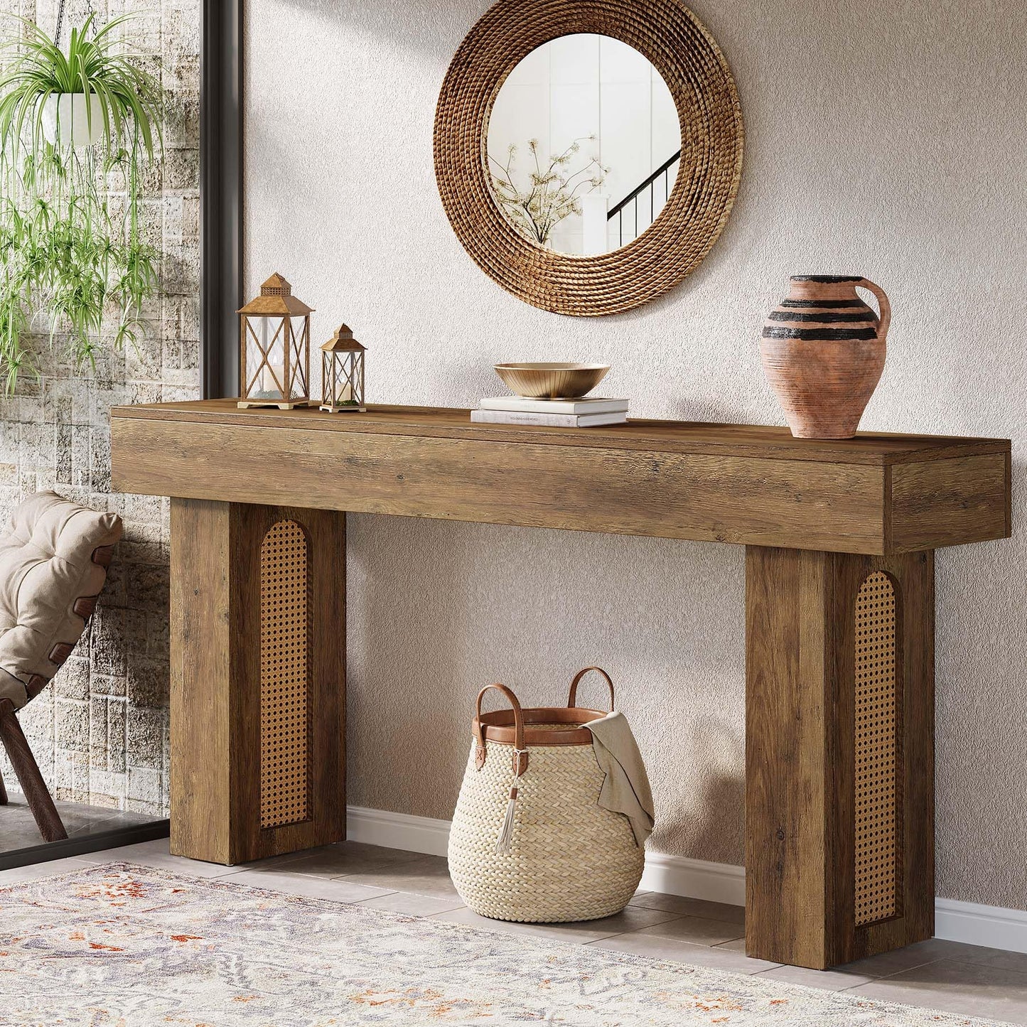 Tribesigns 63" Console Table for Entryway, Rattan Entry Table Behind The Sofa, Farmhouse Accent Console for Hallway, Living Room