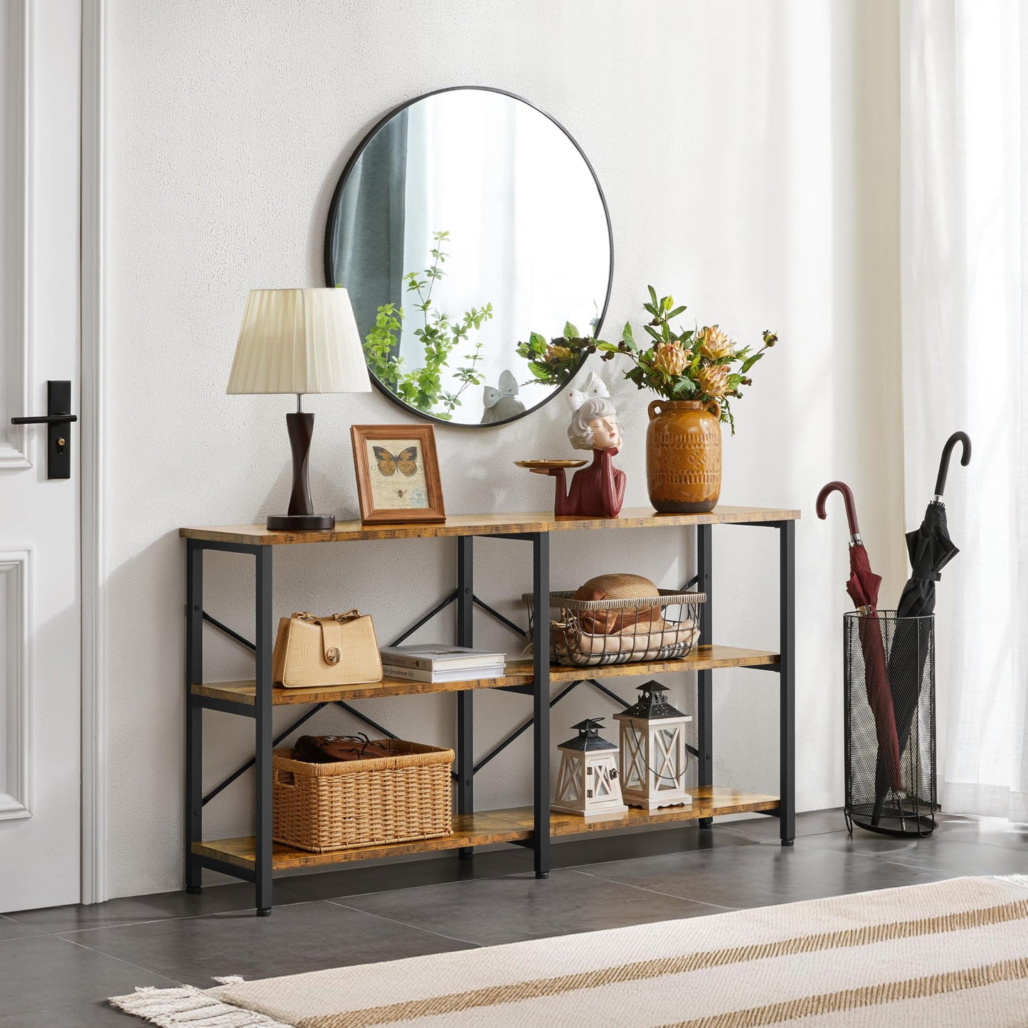Yaheetech 55 Inch Console Table, Industrial Entryway Table with 3-Tier Storage Shelves, Sofa Tables Narrow Long for Living Room, Entryway, Hallway, Foyer, Metal Frame, Rustic Brown