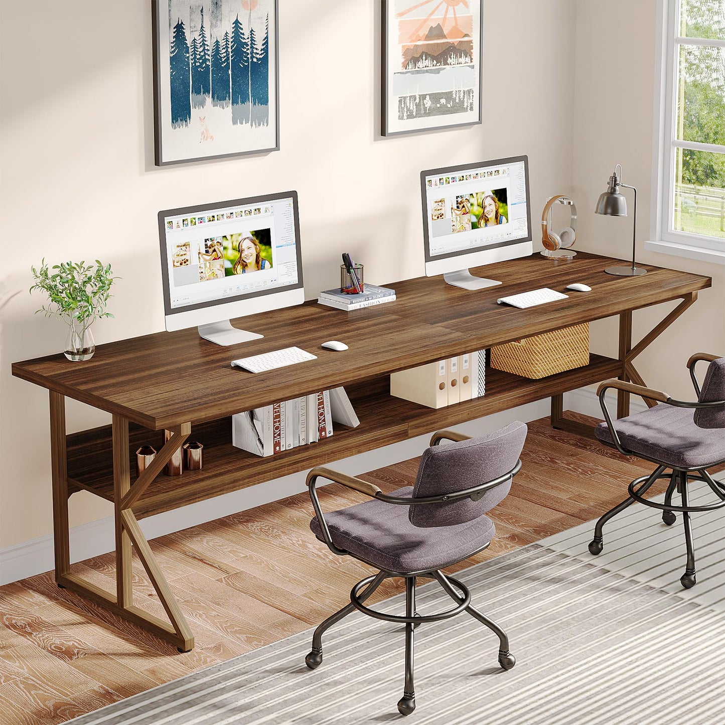 Tribesigns 79-Inch Extra Long Desk, Two Person Desk with Storage Shelf, Large Writing Table for Home Office, Rustic Brown