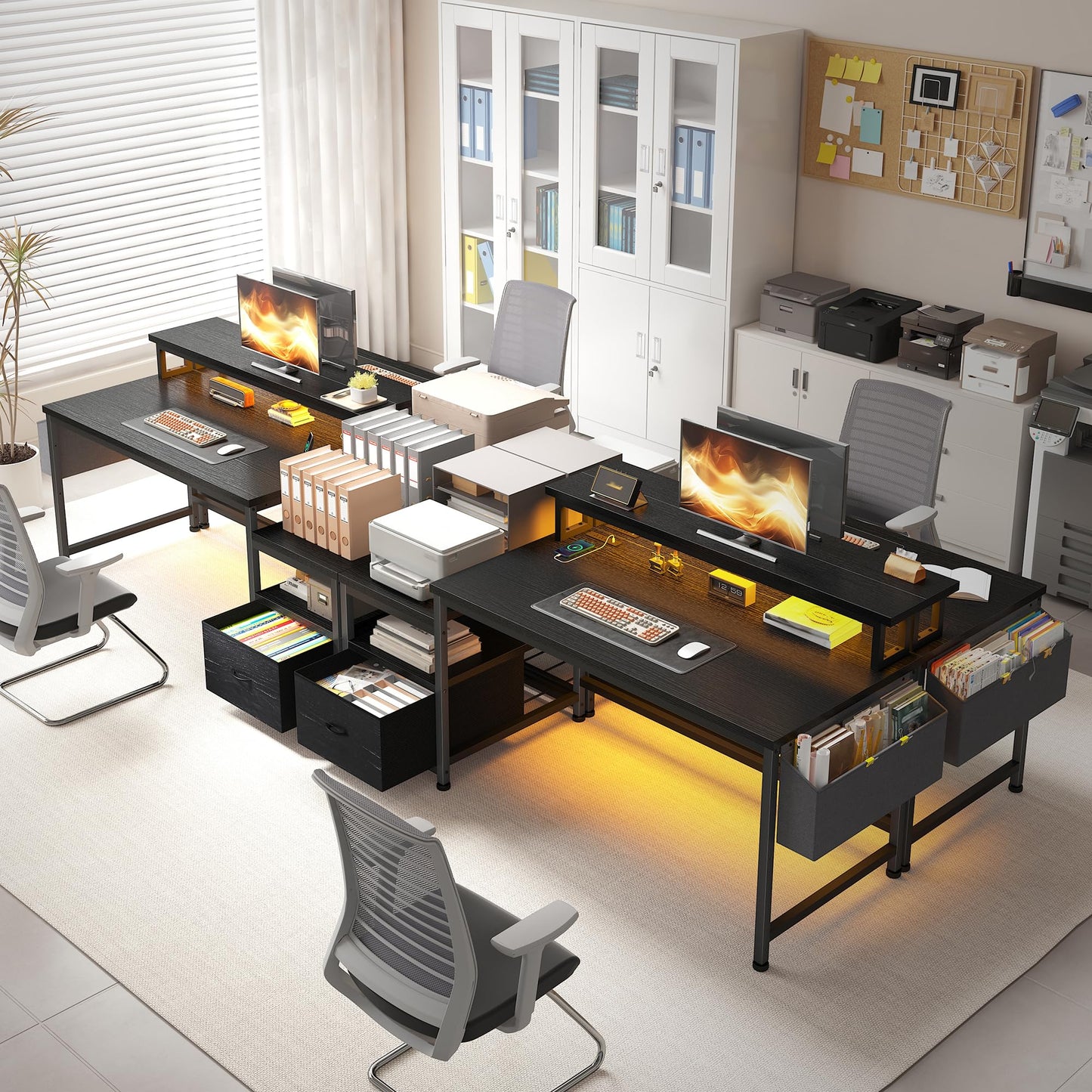 DurayLoly Computer Desk with Power Outlets and LED Lights,57" Home Office Desks with Drawers and Printer Space,Office Desk with File Drawers Cabinet,Gaming Table with Shelves Monitor Stand,Black