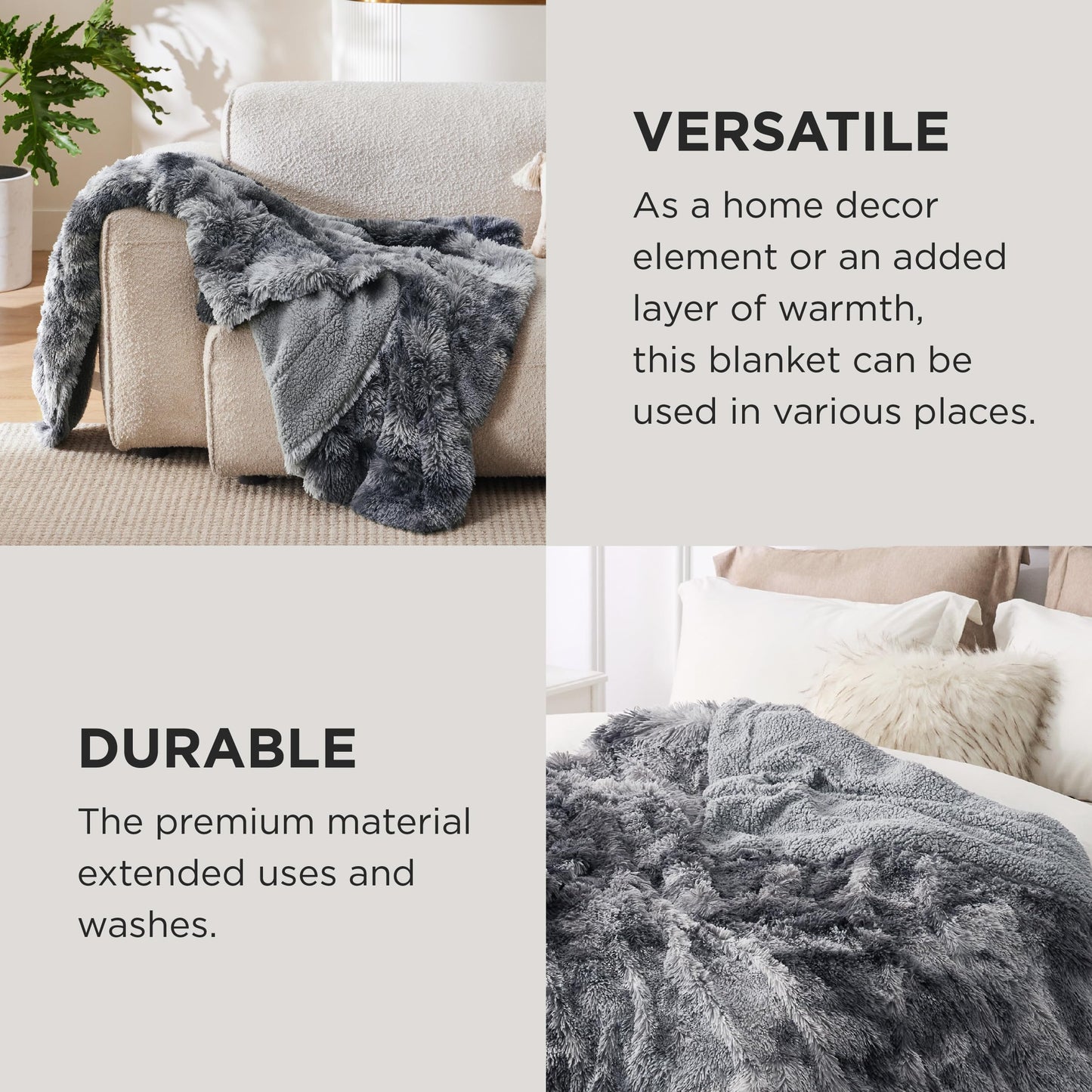 Bedsure Fluffy Throw Blanket Gifts for Women Men, Soft Fleece Sherpa Cozy Fuzzy Plush Warm Minky Thick Faux Fur Throw for Couch, Bed, Home Living Room Decor Bedroom Blanket Gifts for Mom Dad, Grey