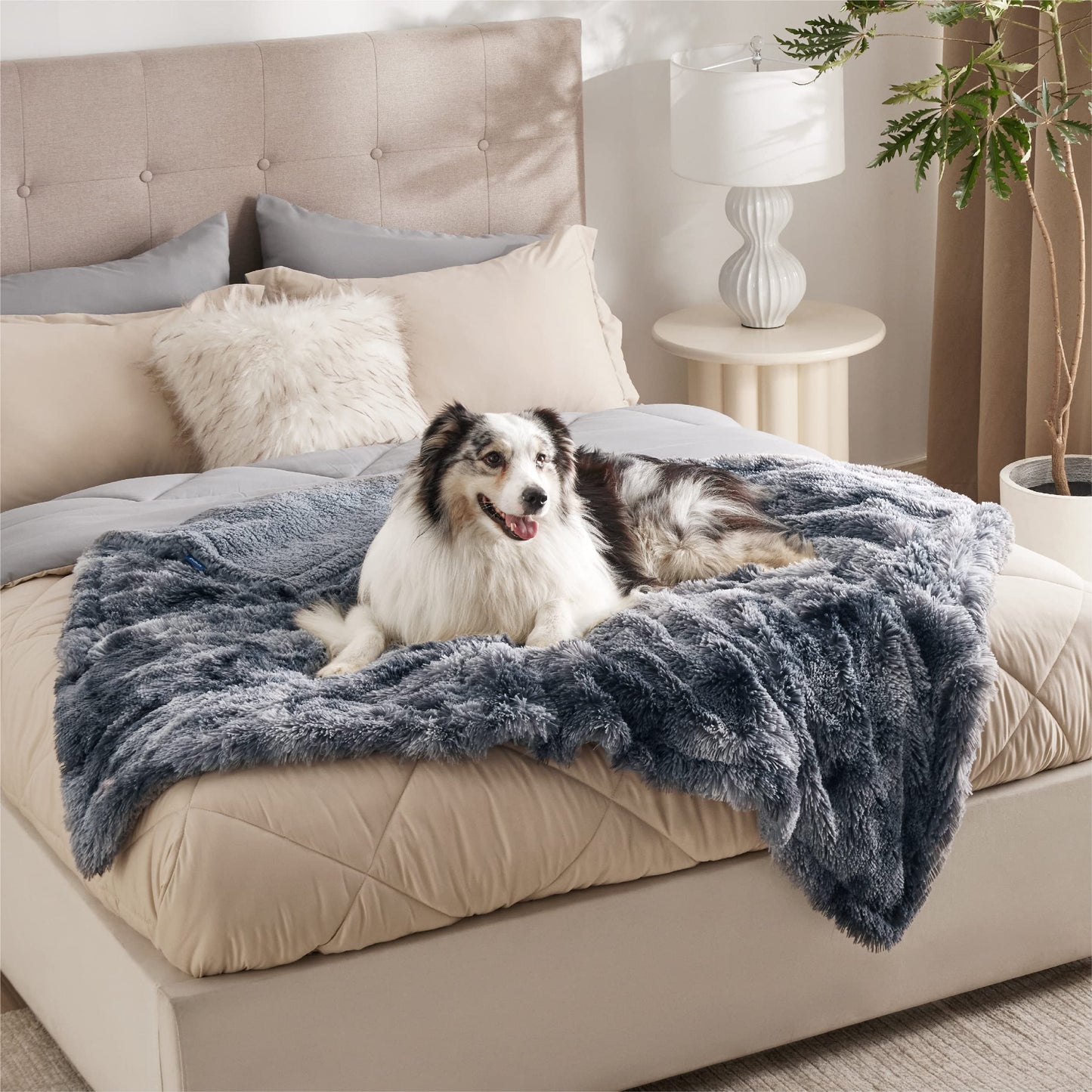 Bedsure Waterproof Dog Blankets for Large Dogs - Cat Blanket for Couch Protector Washable Long Faux Fur,Calming Soft Reversible Throw Furniture Protection for Puppy Pet, 50"x60", Tie-dye Grey