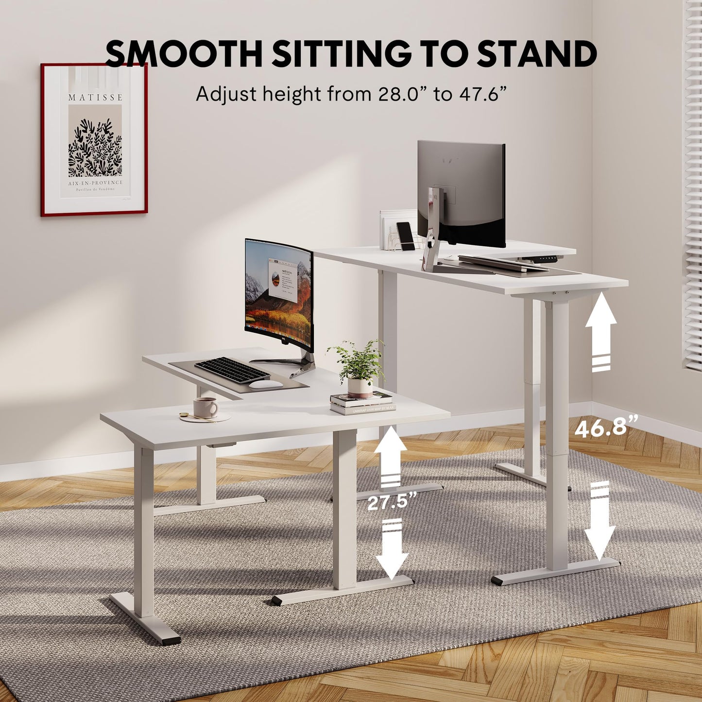 SANODESK Electric Height Adjustable 3 Leg Corner Desk Frame, up to 220lbs, Sit Stand Ergonomic L Shaped Frame Only, White