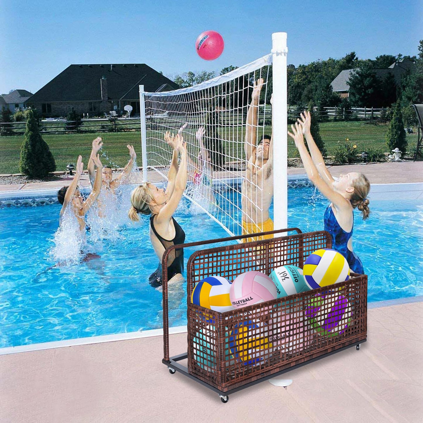 GarveeLife Poolside Float Storage, Outdoor Storage, PE Rattan Outdoor Pool Caddy With Rolling Wheels, Patio Deck Boxes, Storage Box, Pool, Beach-Sturdy,Brown