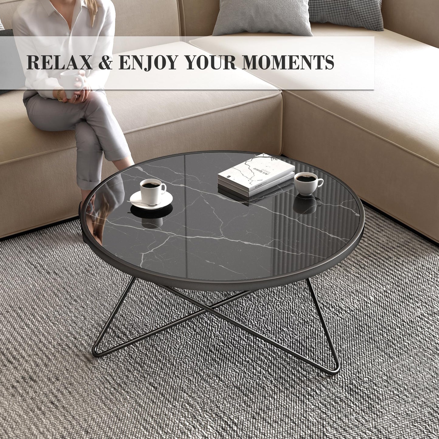 DYZAIMAX Round Coffee Table for Living Room, Bedroom, Balcony - 31.5" x 15.8" Space-Saving Black Marble-Textured Top, Sturdy Metal Frame with Black & Gold Finish | Premium Baked Paint, Easy Assembly
