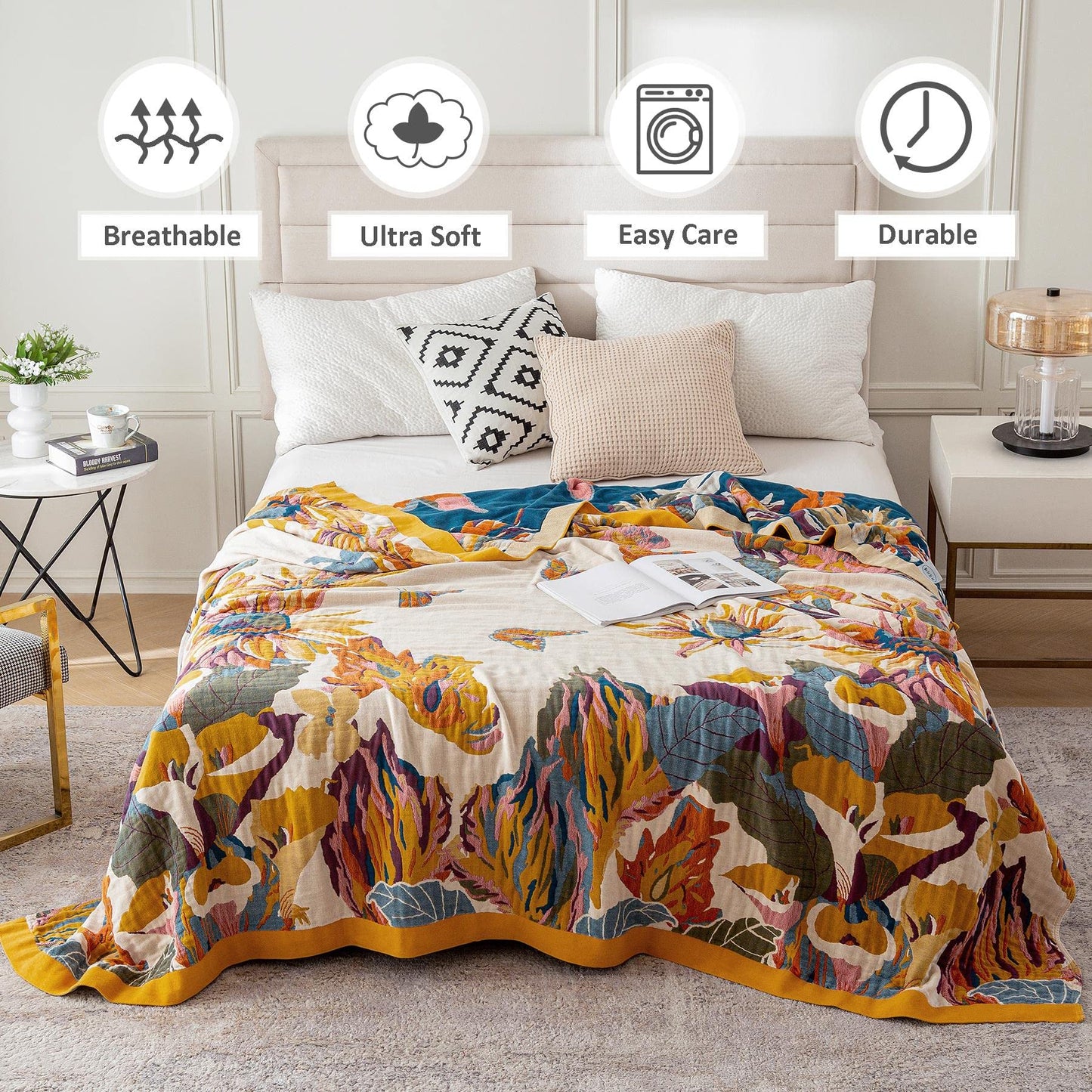 Boho Throw Blanket 100% Cotton Ultra Soft Bed Throw Large Summer Blanket Floral Bird and Butterfly Farmhouse Decor Bed Blankets,60"×80" All Season Blankets for Sofa Couch Chair