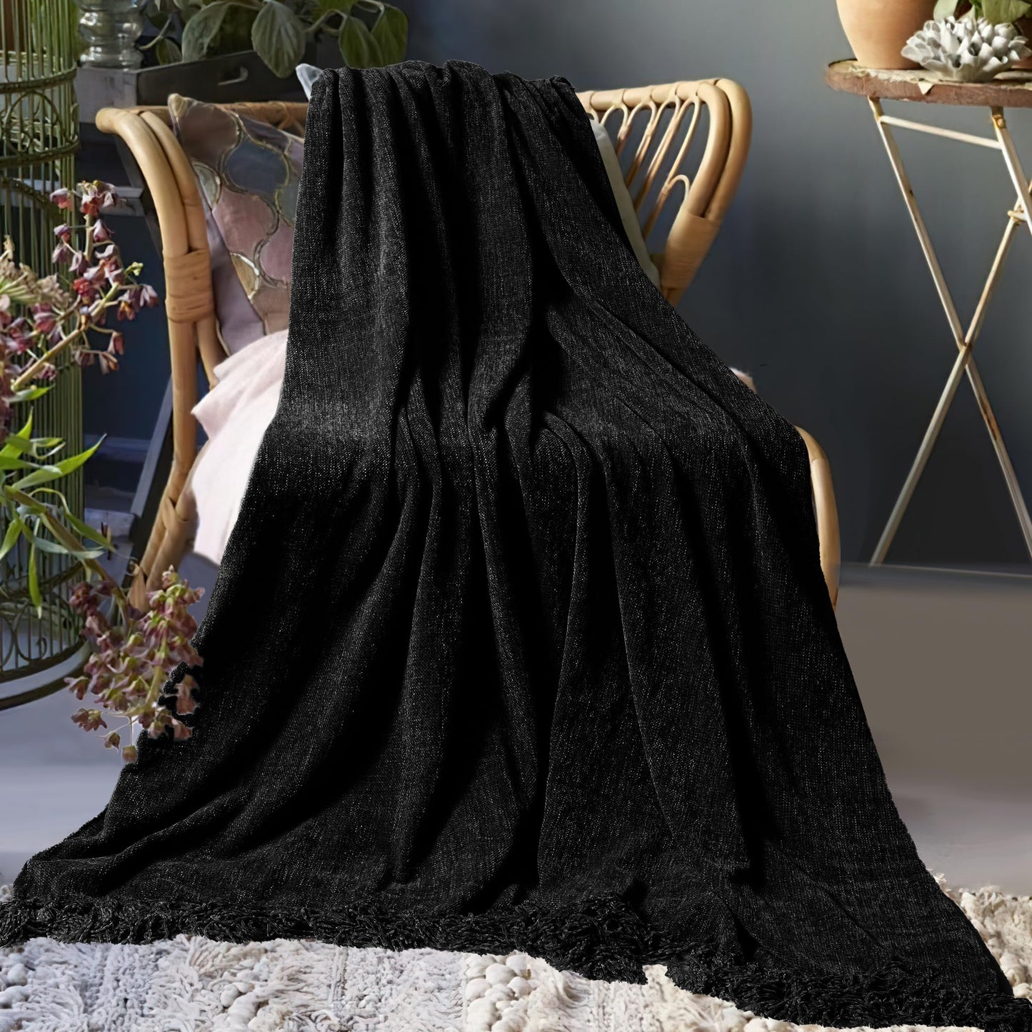 LONG CREATE Chenille Throw Blanket for Couch 50"X 60", Soft Cozy Throws with Fringe Tassel for Bed Sofa Chair Cover, Lightweight Knitted Decorative Boho Blankets for Living Room, Black